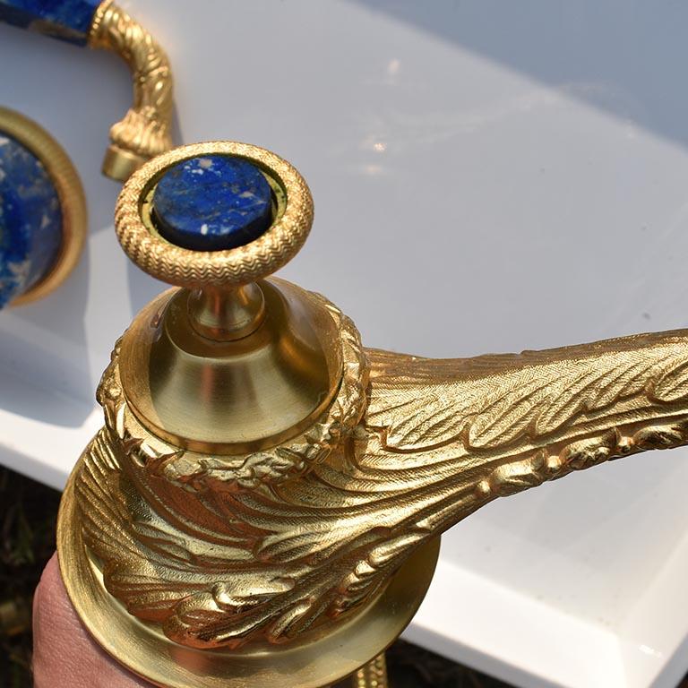 American Classical Sherle Wagner Blue Lapiz Lazuli Stone Gold Hardware Basin Faucet Handle Set 1970