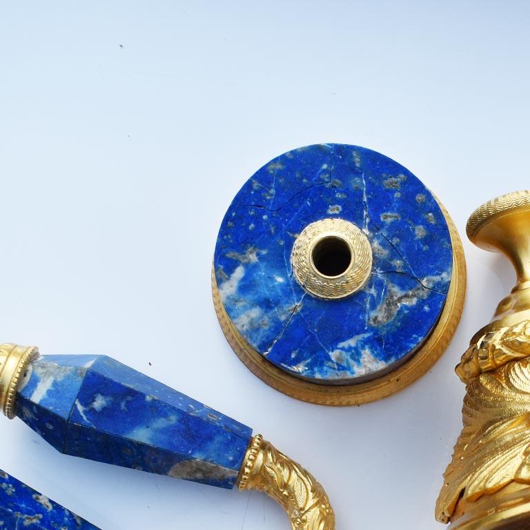 20th Century Sherle Wagner Blue Lapiz Lazuli Stone Gold Hardware Basin Faucet Handle Set 1970