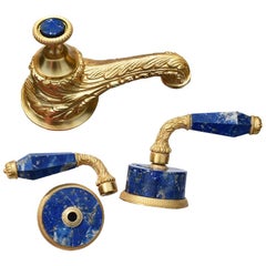 Vintage Sherle Wagner Blue Lapiz Lazuli Stone Gold Hardware Basin Faucet Handle Set 1970