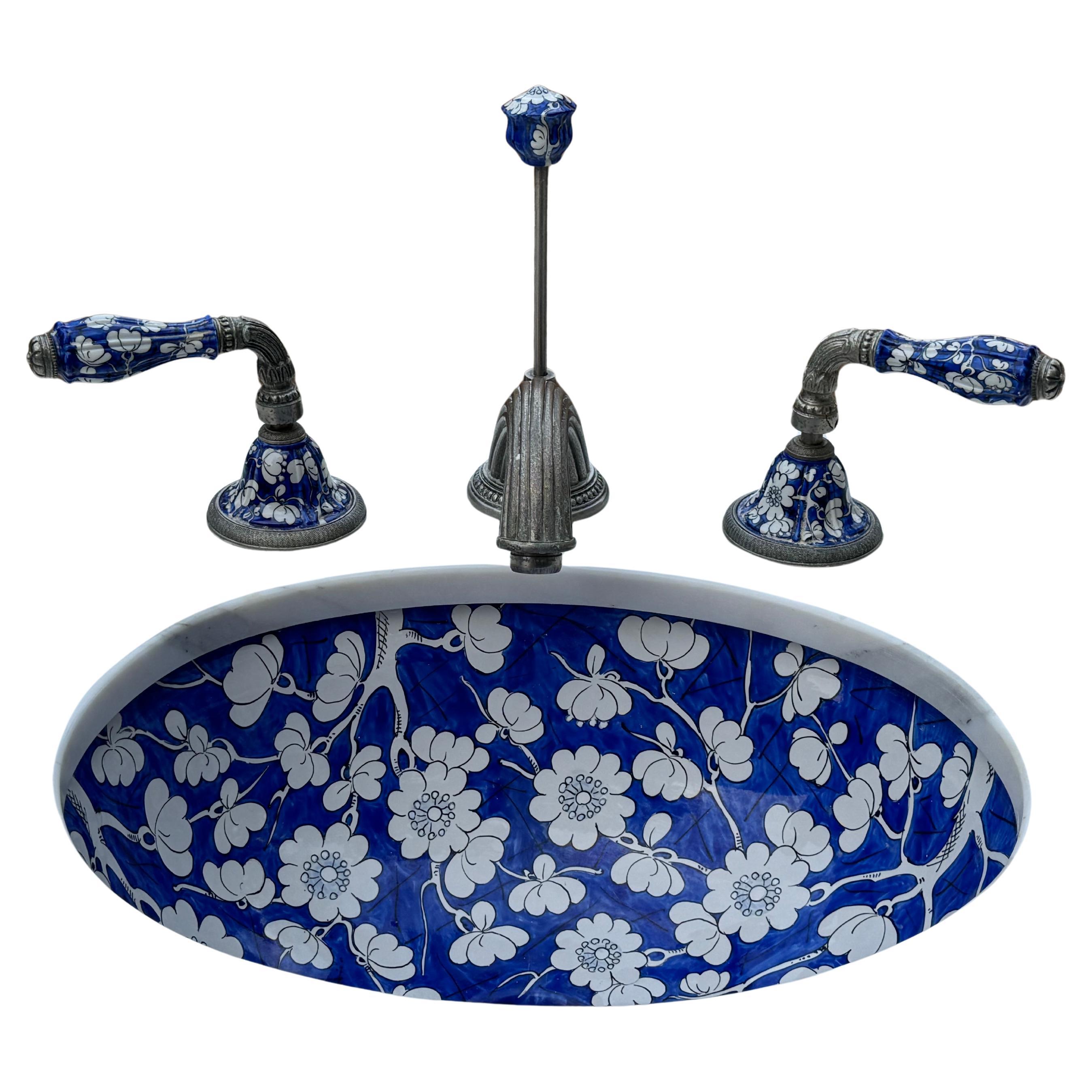 Sherle Wagner Chinoiserie Ming Flor azul Lavabo y grifo caño Italia Italiano en venta