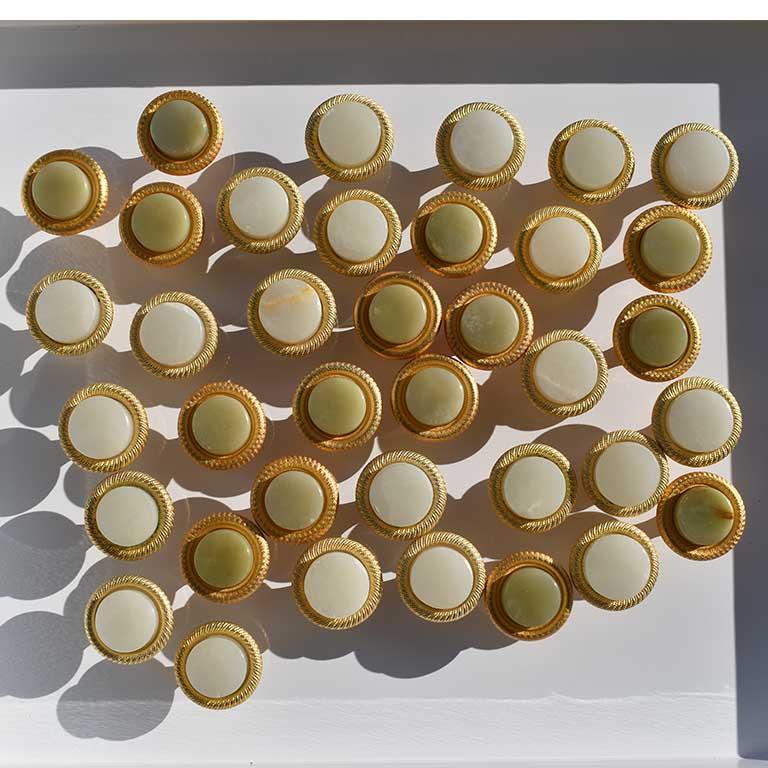 Sherle Wagner Green Cream Onyx Round Knurled Cabinet Pulls 24k Gold, Set of 38 2