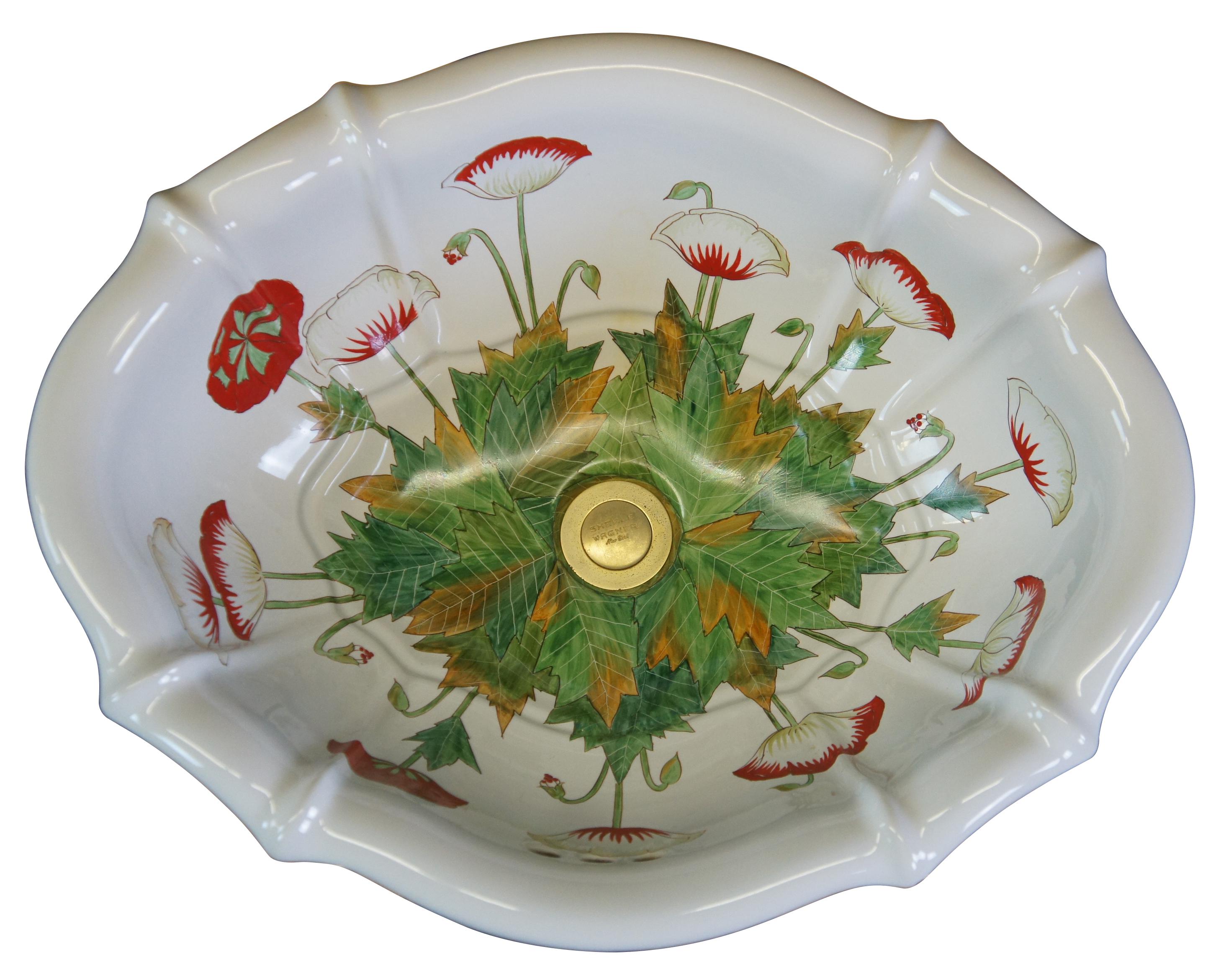 An exquisite collection of Sherlee Wagner pieces from the Poppy Flower Collection, circa 1960-70s. Hand painted Italian Porcelain with vivid greens and yellows over a white base. Includes; sink basin, toilet paper holder, faucet / spigot, hot & cold