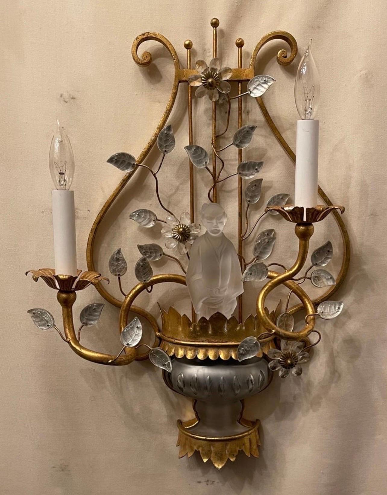 Wonderful Pair Of Maison Bagues / Sherle Wagner Style / Manner Chinoiserie Gold Gilt Harp Back Two Candelabra Light Wall Sconces With Crystal Leaves And Removable Frosted Crystal Chinoiserie Figurines. 
Purchased In France, Wiring Is Up To Date And