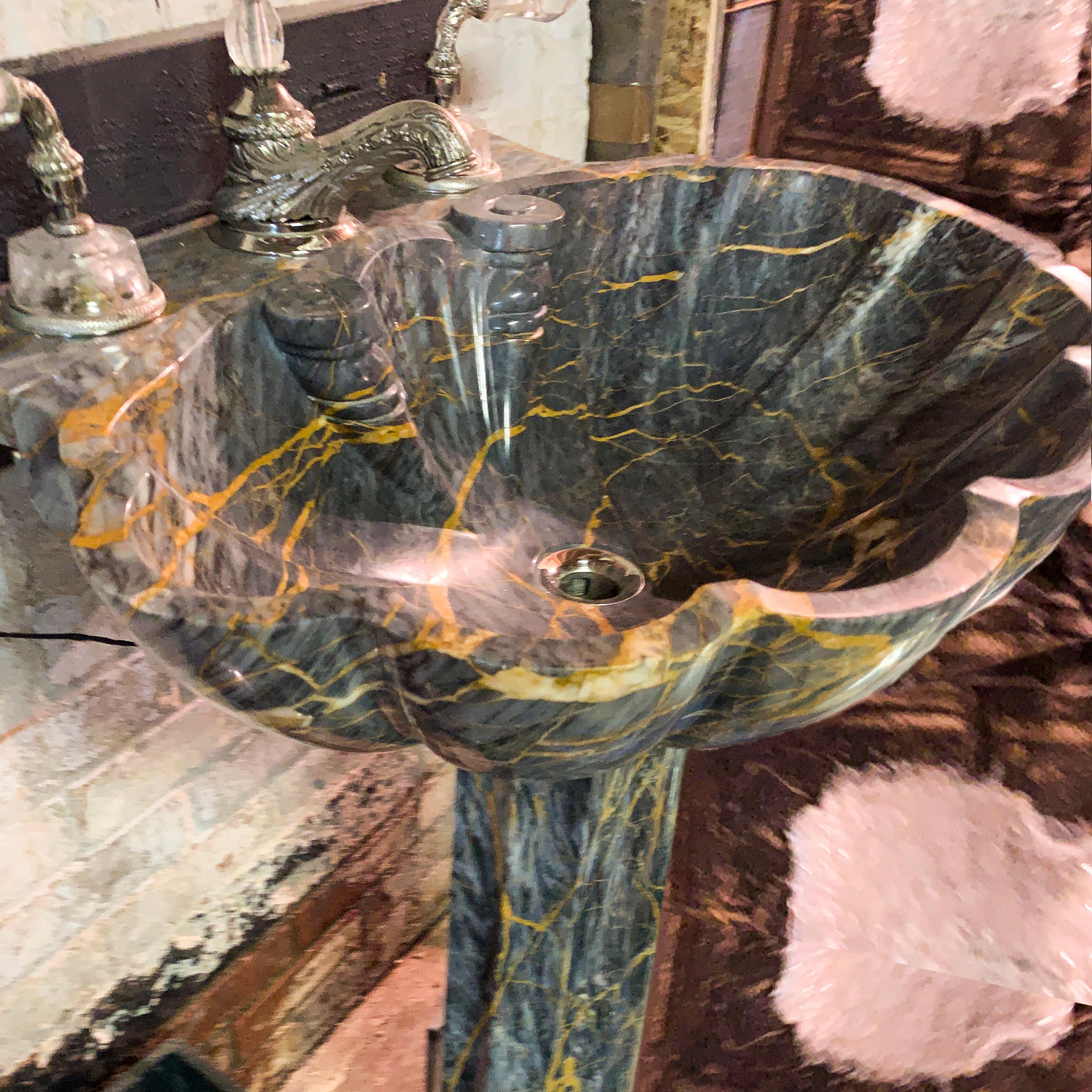Sherle Wagner Marianella marble shell pedestal sink grey and amber stone sculpture, hand carved Italian marble, amber and gold veins in varied cool gray coloration. Faucets and all metal hardware pictured in this listing are NOT included with