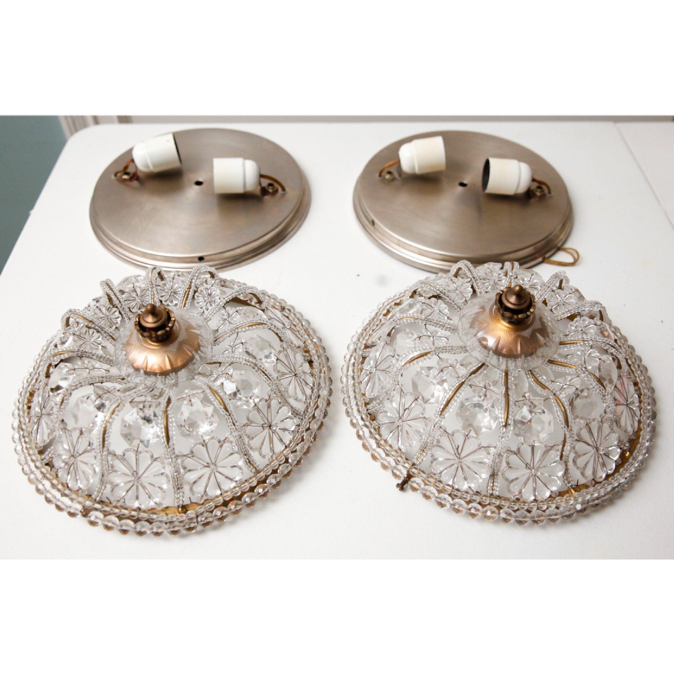 Sherle Wagner natural crystal beaded Empire flush light fixture, flush mount. Gorgeous hand-beaded piece, graceful collection of floral and faceted natural crystals on Florentine silver finish base with bronze wire.