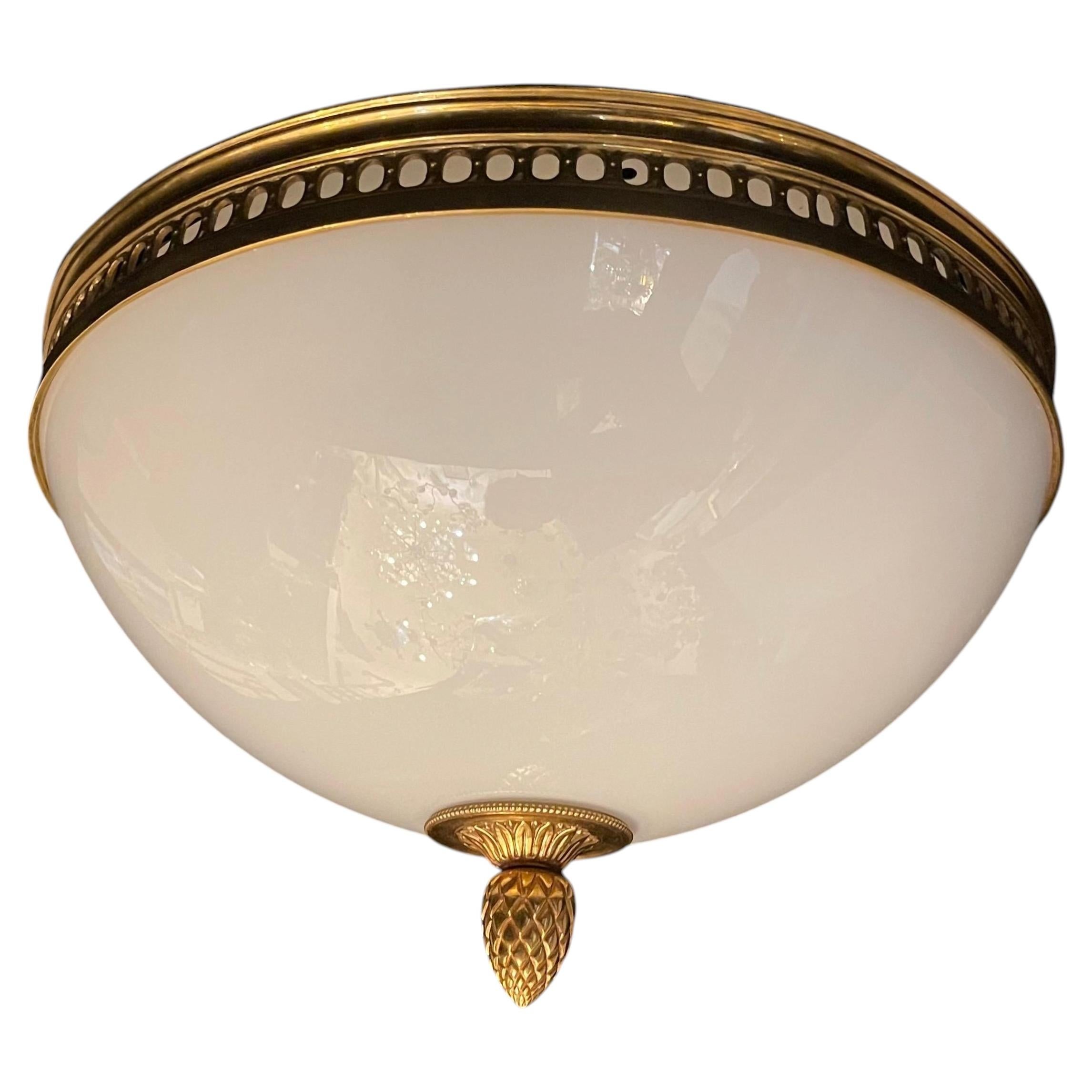Sherle Wagner Dore Bronze White Milk Glass Flush Mount Ceiling Light Fixture For Sale