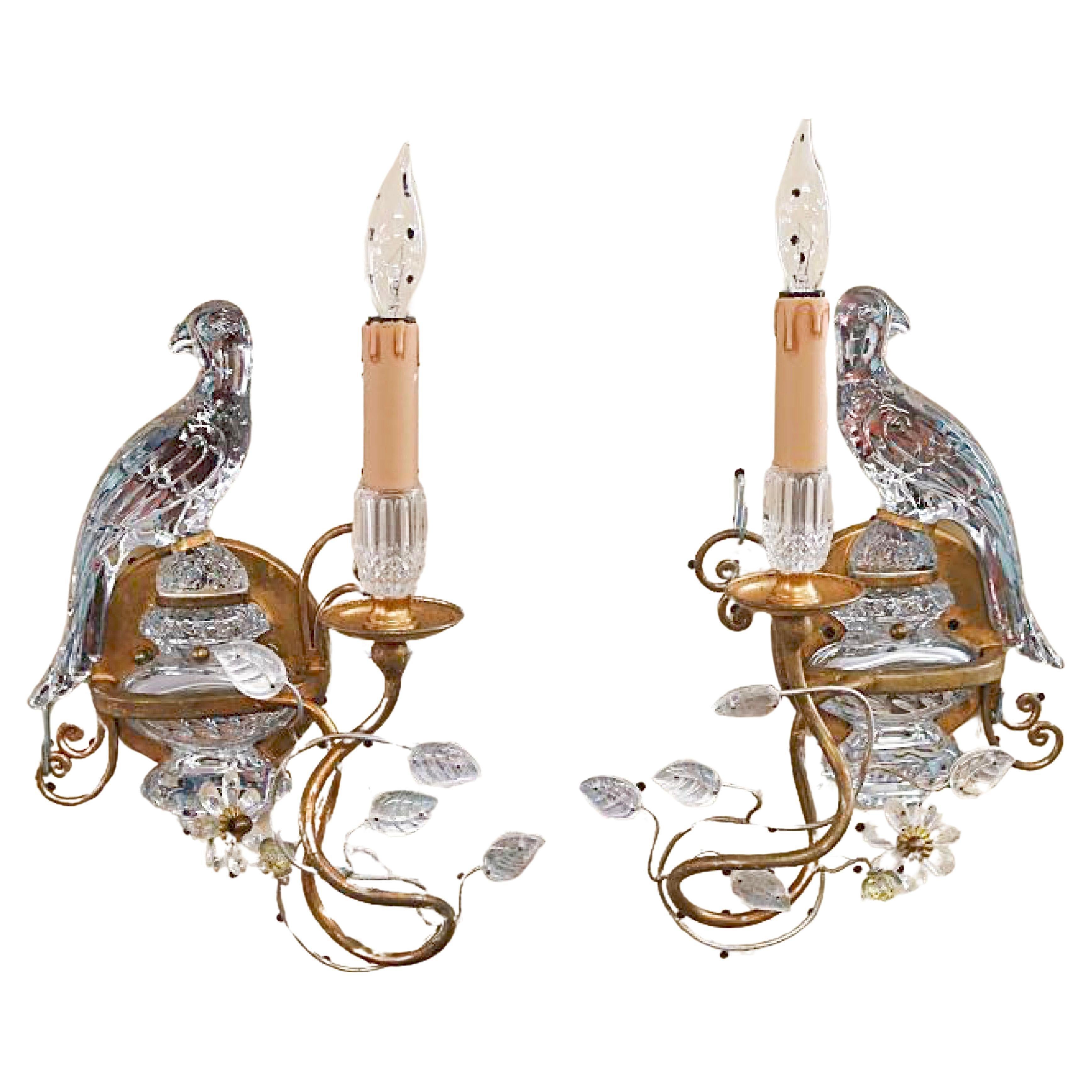 Sherle Wagner Rock Crystal 24 karat Gold Candelabra Bird Sconce, Italy.  2 mirroring sconces available. Please change quantity to “2” to purchase both.