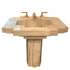 Sherle Wagner Style Travertine Pedestal Sink & 22 Karat Gold Faucet 1990s Chic