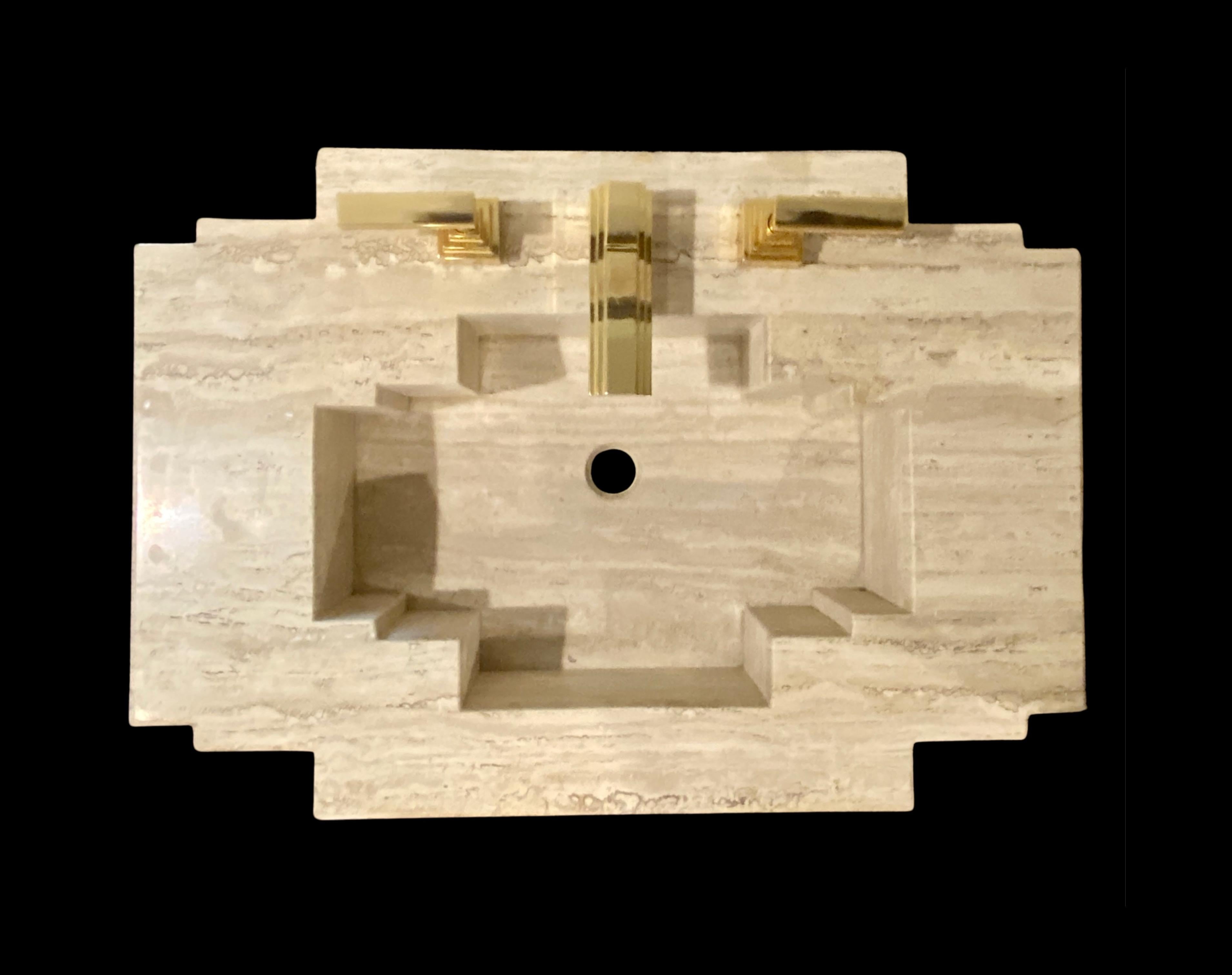 Late 20th Century Sherle Wagner Style Travertine Pedestal Sink & 22 Karat Gold Faucet 1990s Chic