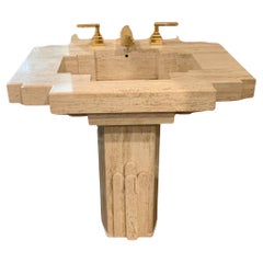 Vintage Sherle Wagner Style Travertine Pedestal Sink & 22 Karat Gold Faucet 1990s Chic