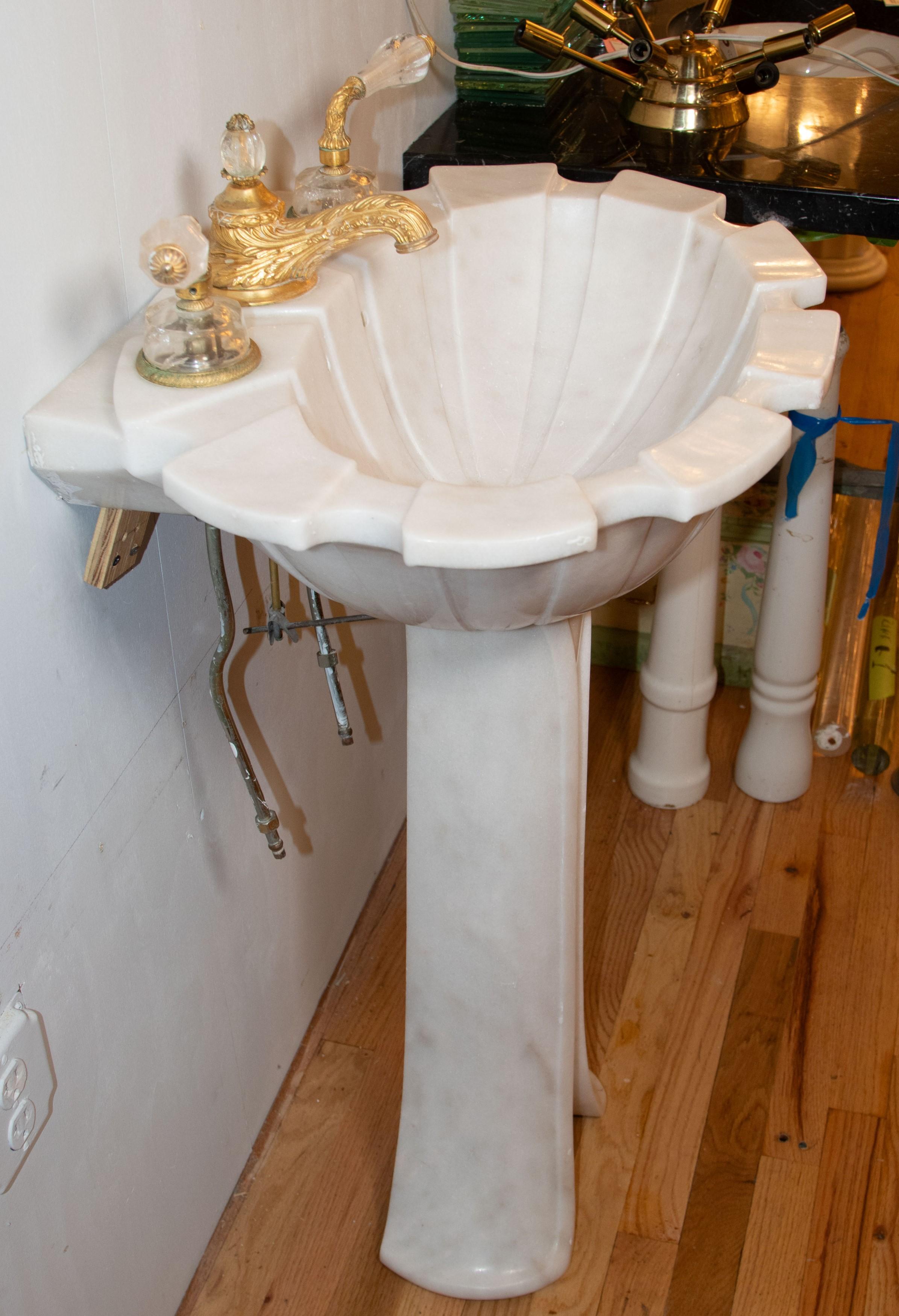 Sherle Wagner White Clamshell Marble Sink Gilt + Cut Glass Hardware 8
