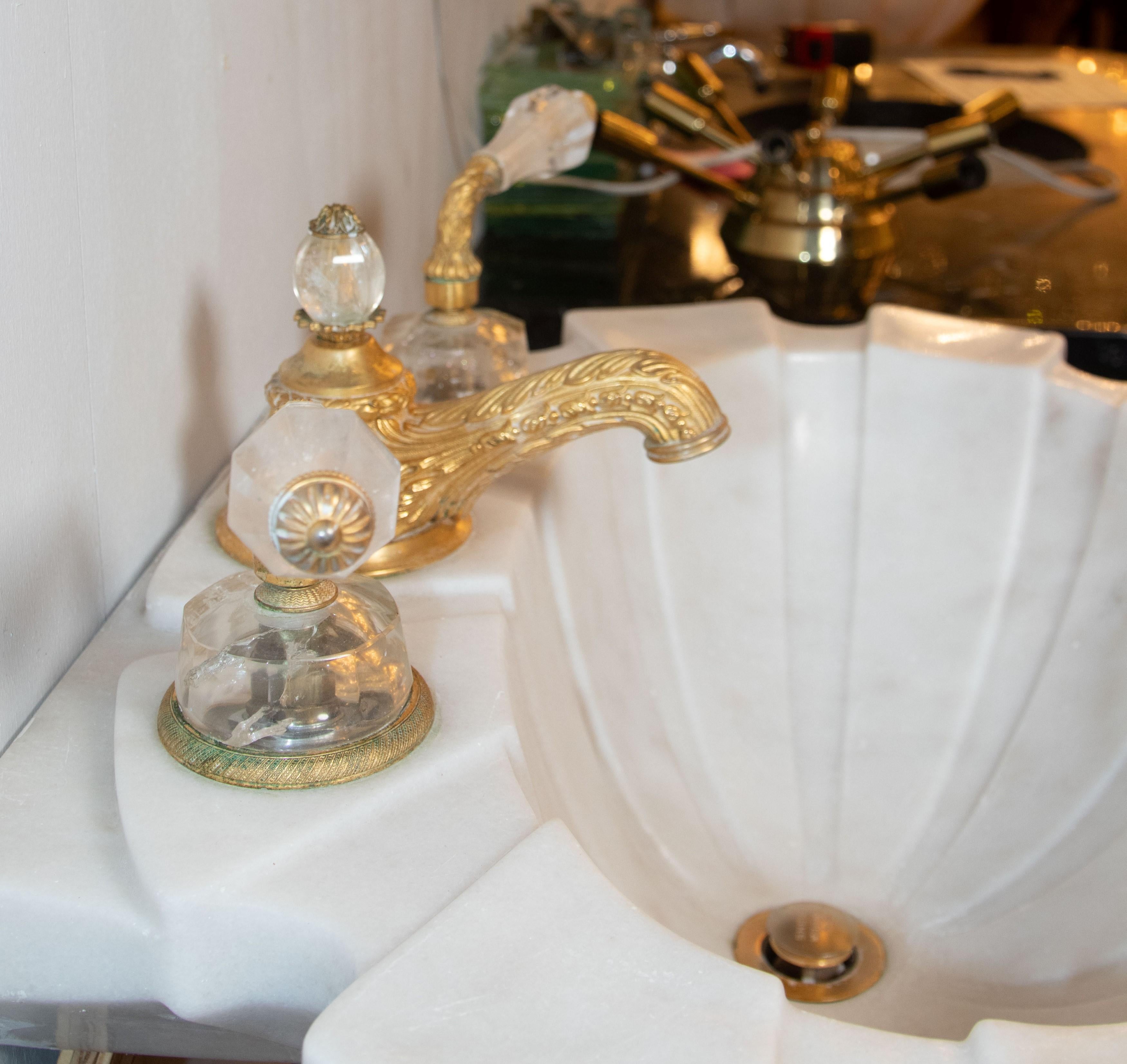 Sherle Wagner White Clamshell Marble Sink Gilt + Cut Glass Hardware 9