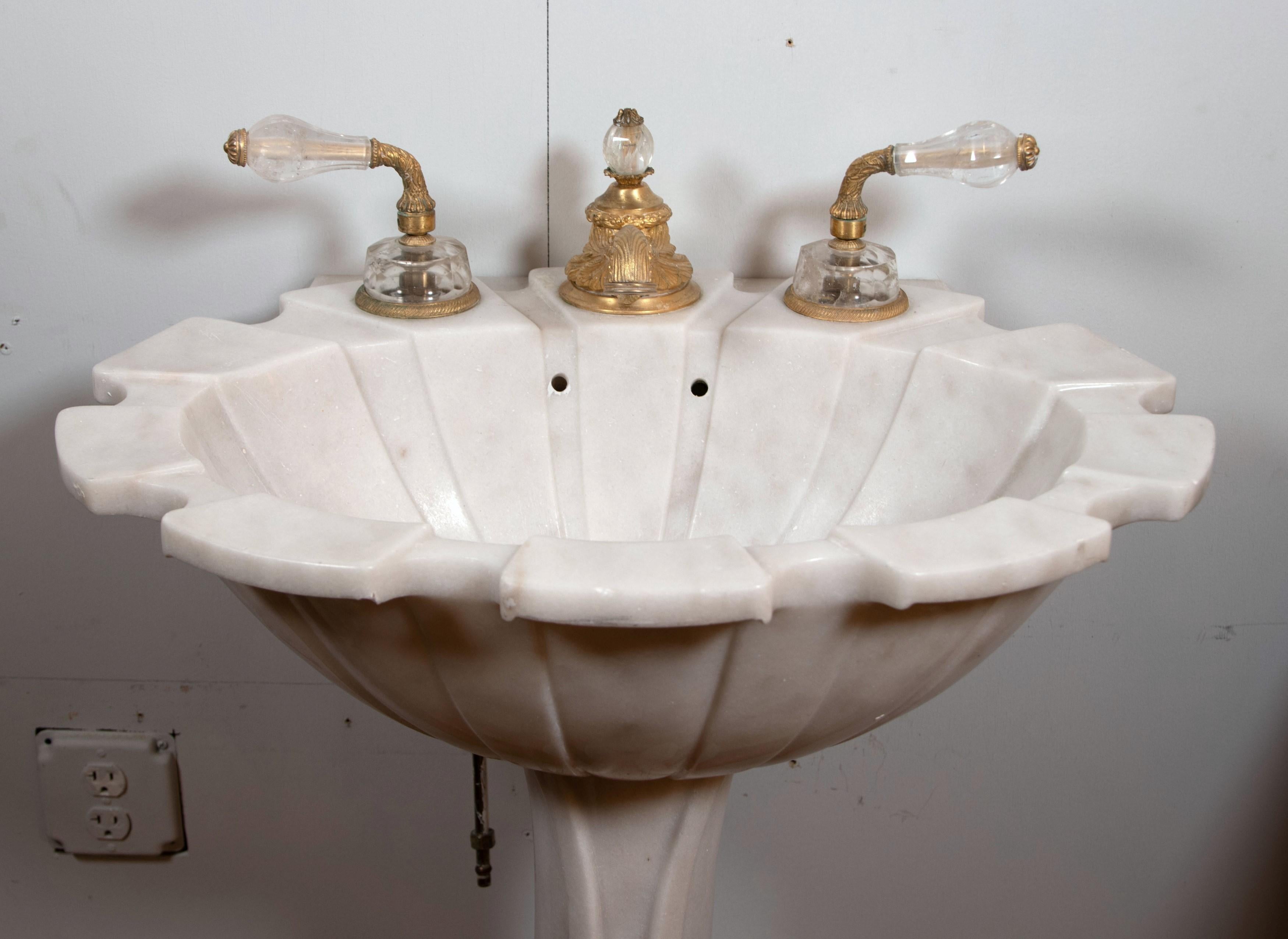 Late 20th Century Sherle Wagner White Clamshell Marble Sink Gilt + Cut Glass Hardware