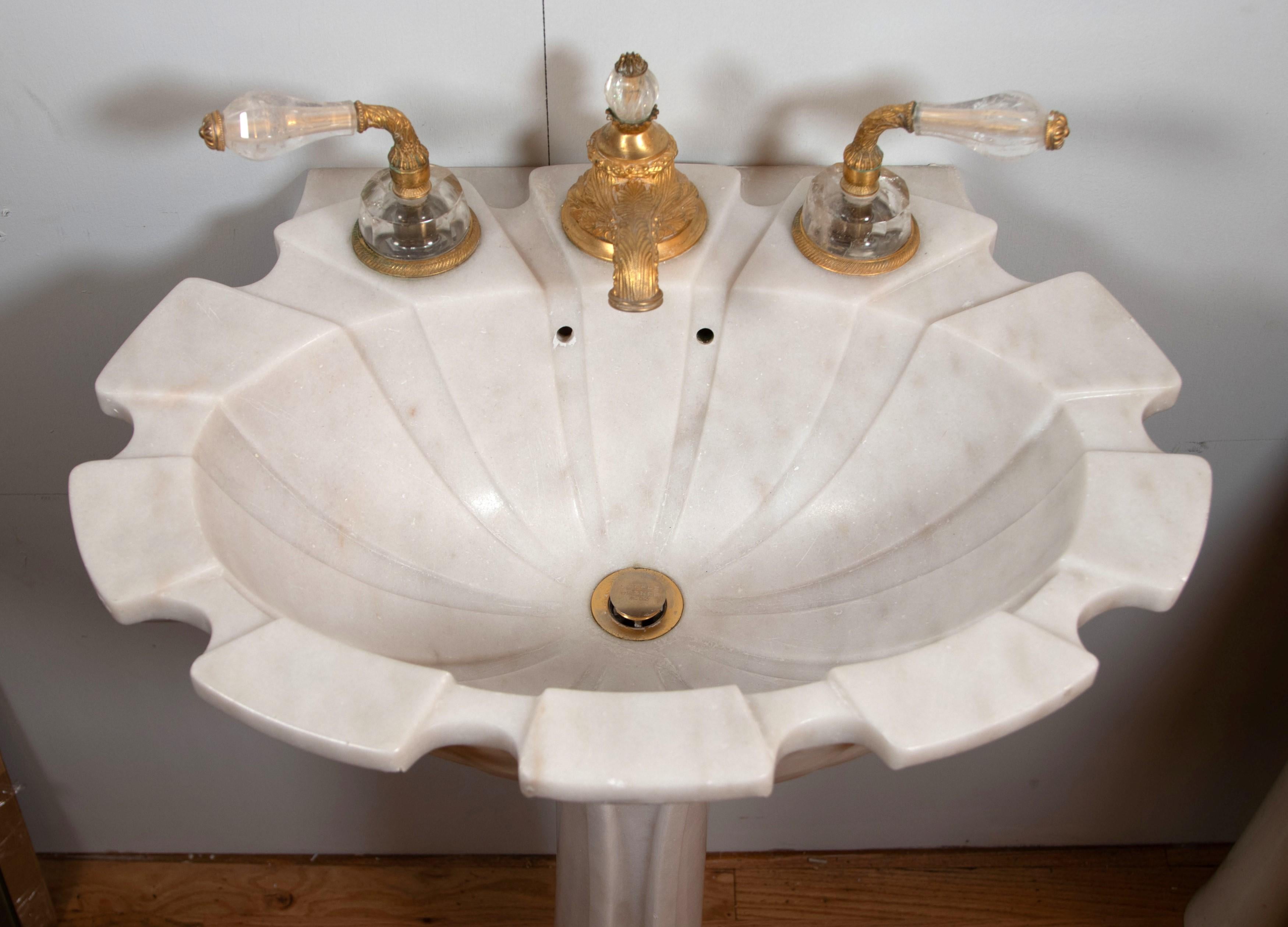 Sherle Wagner White Clamshell Marble Sink Gilt + Cut Glass Hardware 4