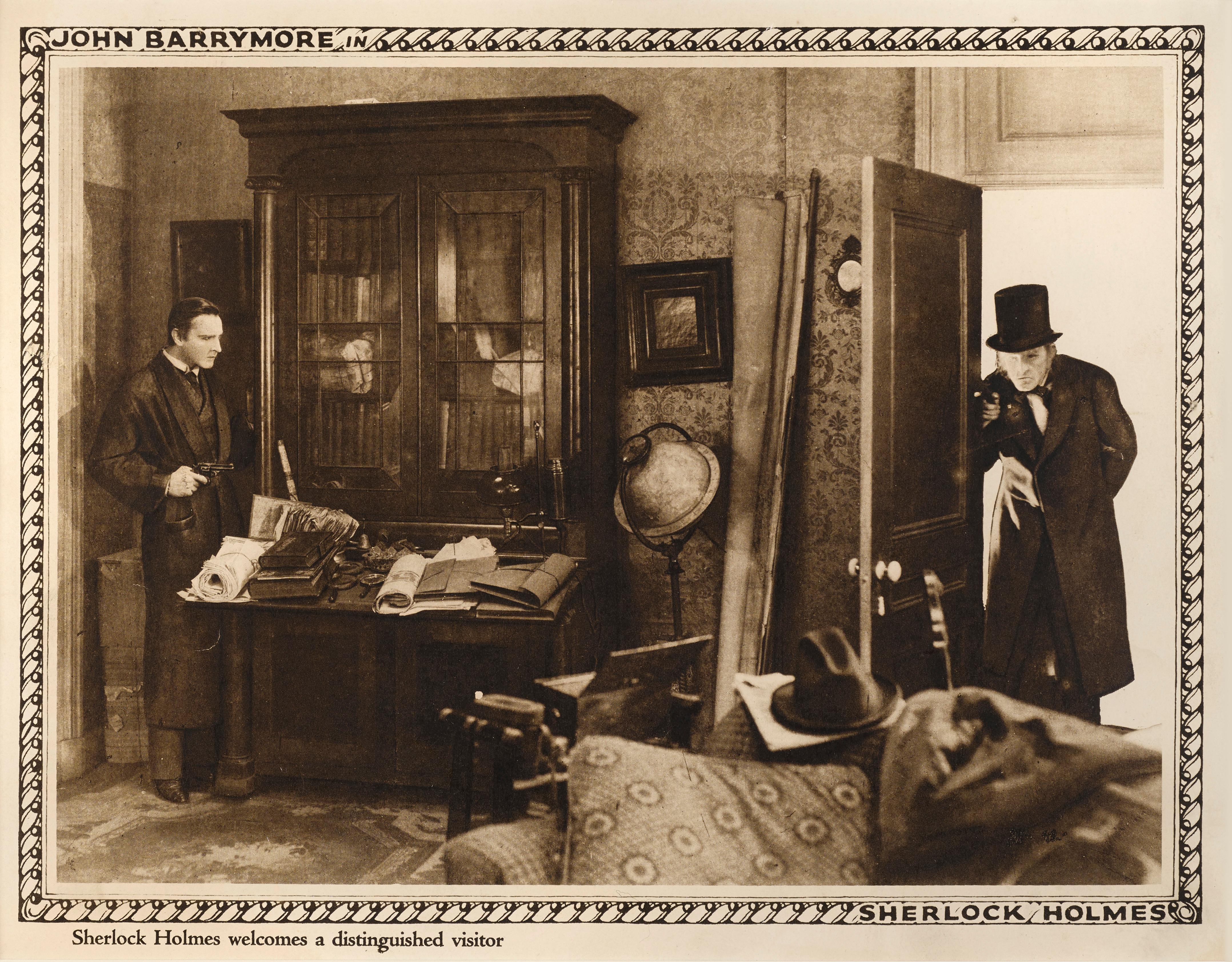 Original 1922 Lobby card from the Silent Sherlock Holmes film starring
John Barrymore, Roland Young. The Lobby card shows Holmes and Moriarty.
The film was directed by Albert Parker.
This lobby card is conservation framed in an obeche wood framed