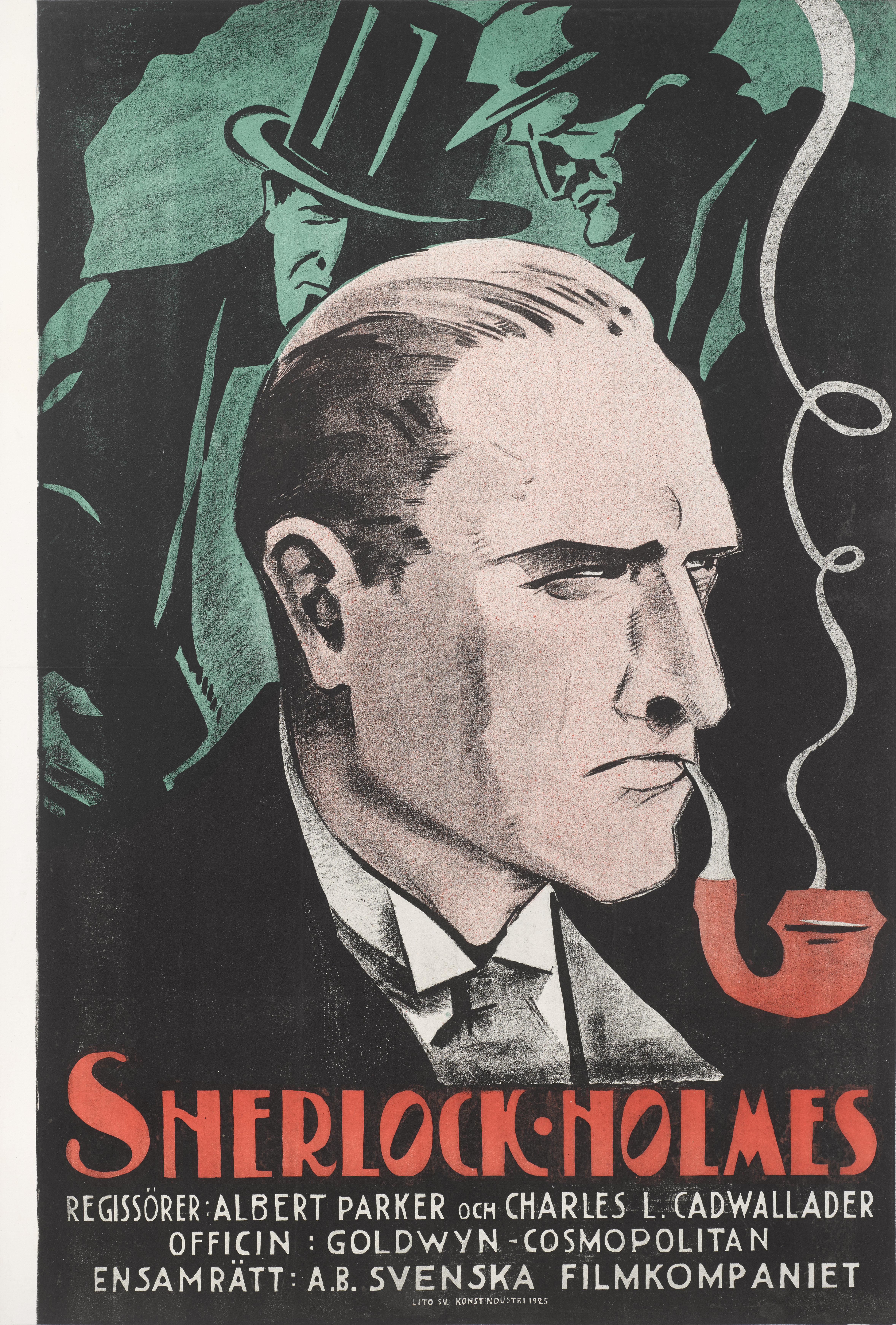 Original 1922 Swedish film poster for Lobby the Silent film Sherlock Holmes film starring John Barrymore and Roland Young. 
The film was directed by Albert Parker. To date only a couple of these posters have ever surfaced.
This poster is from 1922