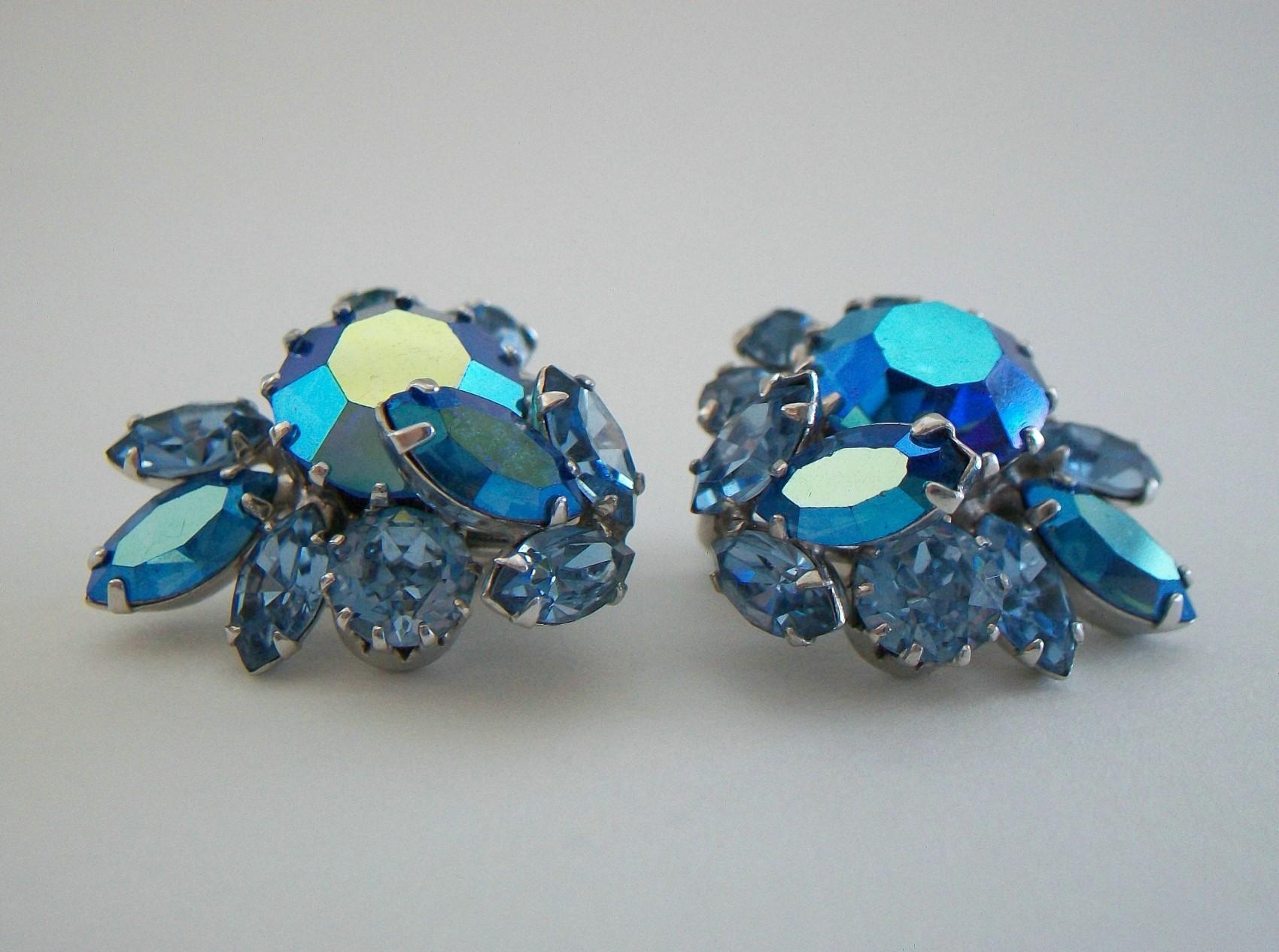 Sherman, Aurora Borealis & Blue Crystal Ear Clips, Canada, circa 1950s In Good Condition For Sale In Chatham, CA
