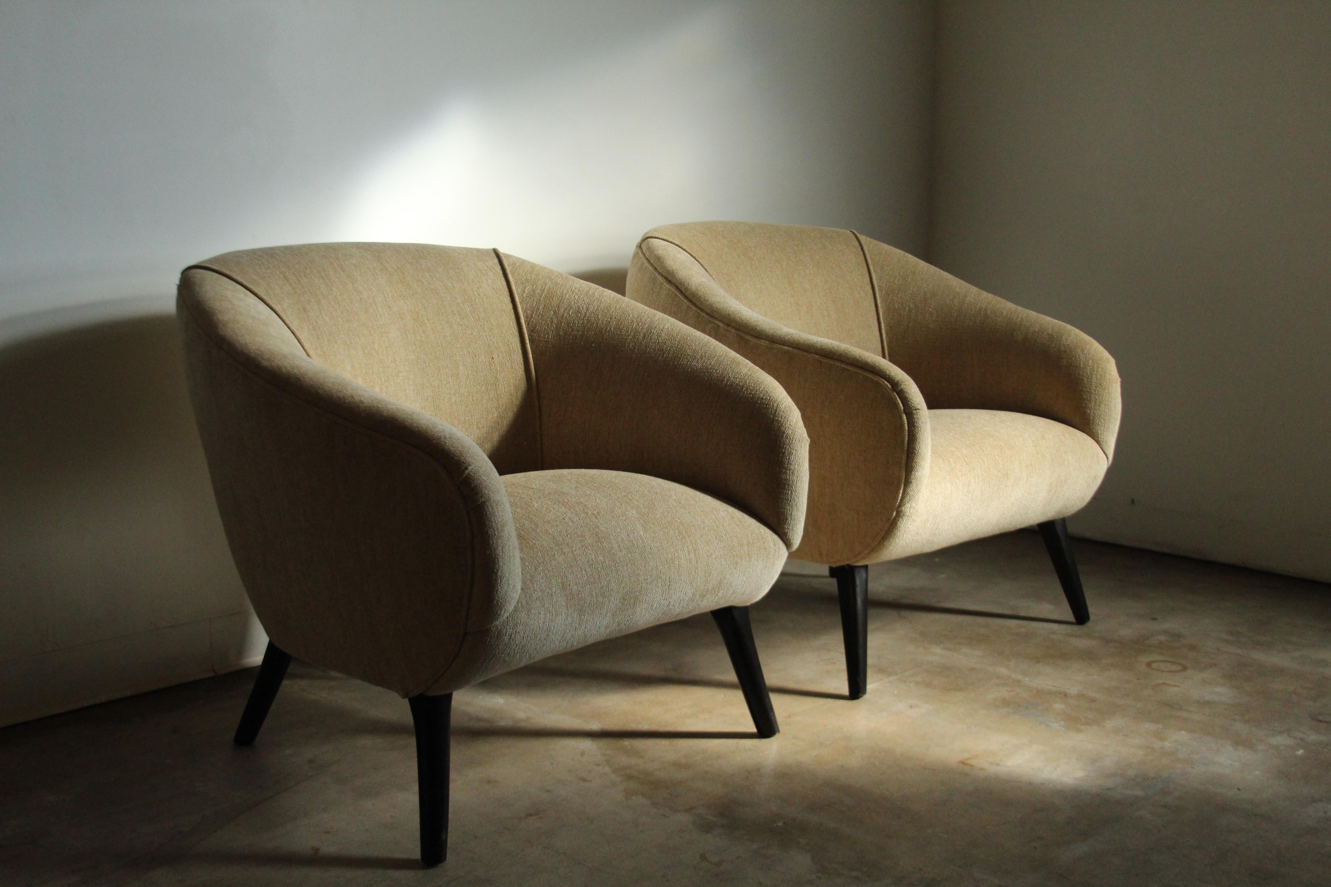 Art Deco Sherman Bertram Sculptural Lounge Chairs in Vintage Chenille, 1940s