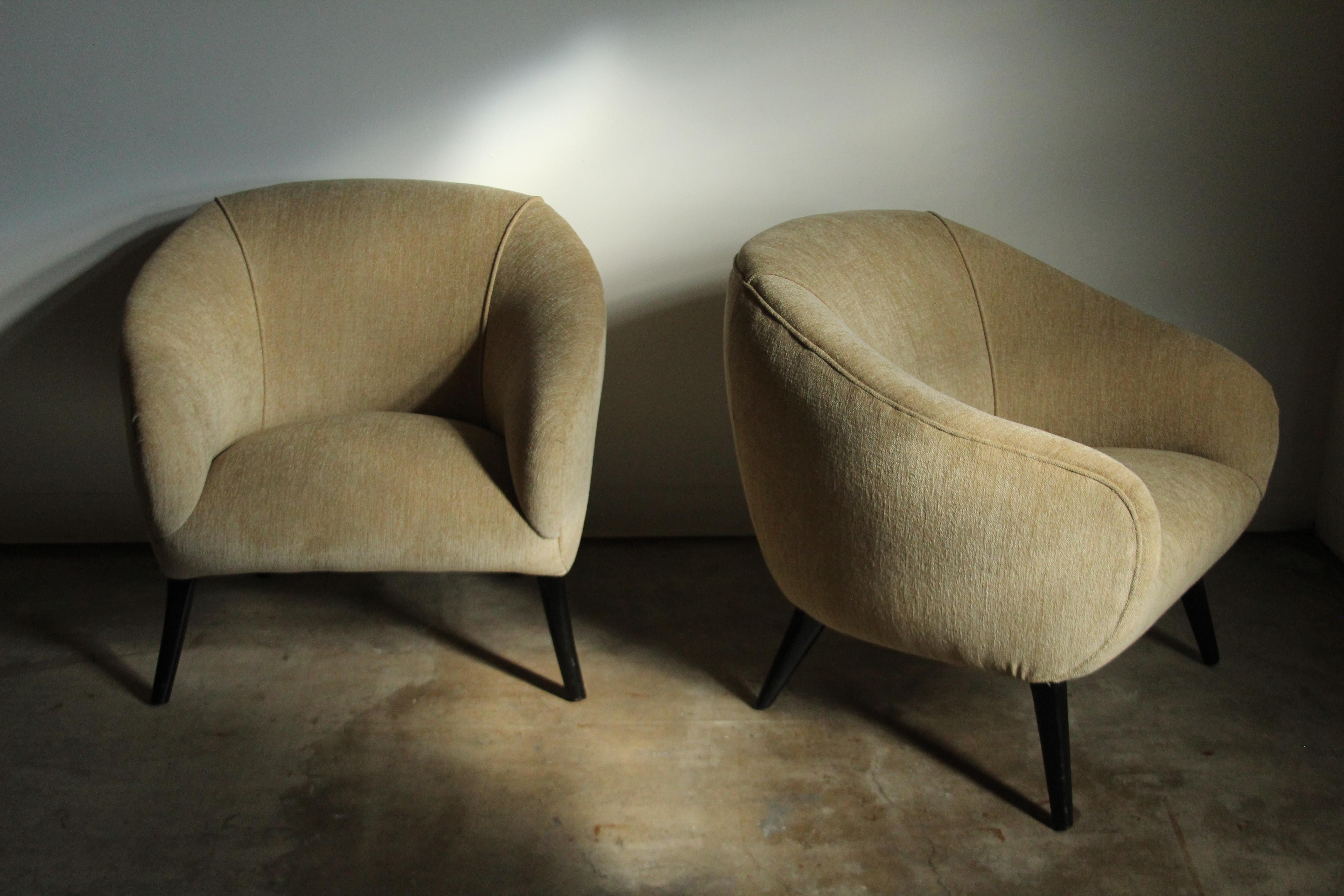 Ebonized Sherman Bertram Sculptural Lounge Chairs in Vintage Chenille, 1940s