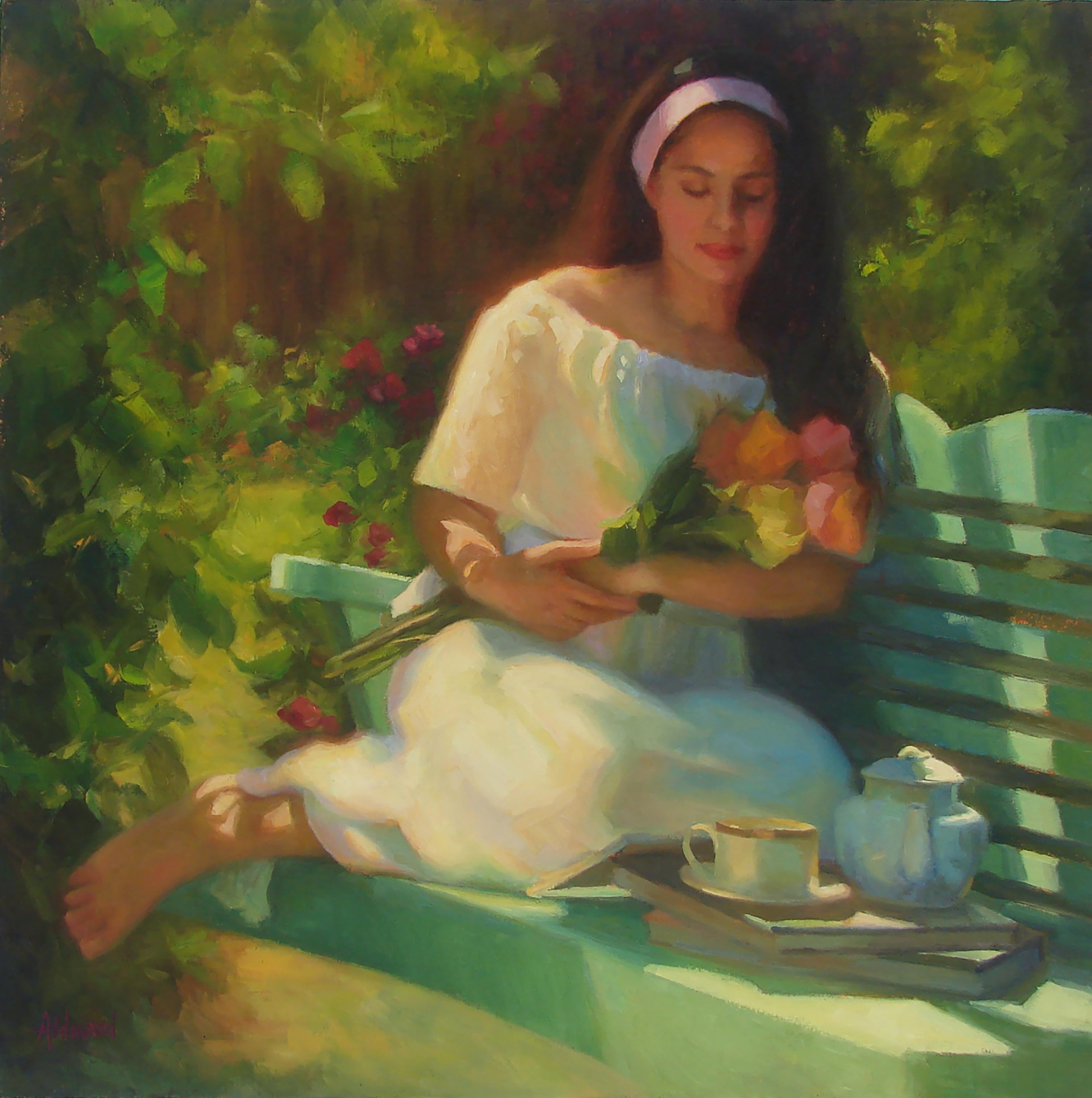 Figurative Painting di Sherri Aldawood - Alana con le rose, Pittura a olio