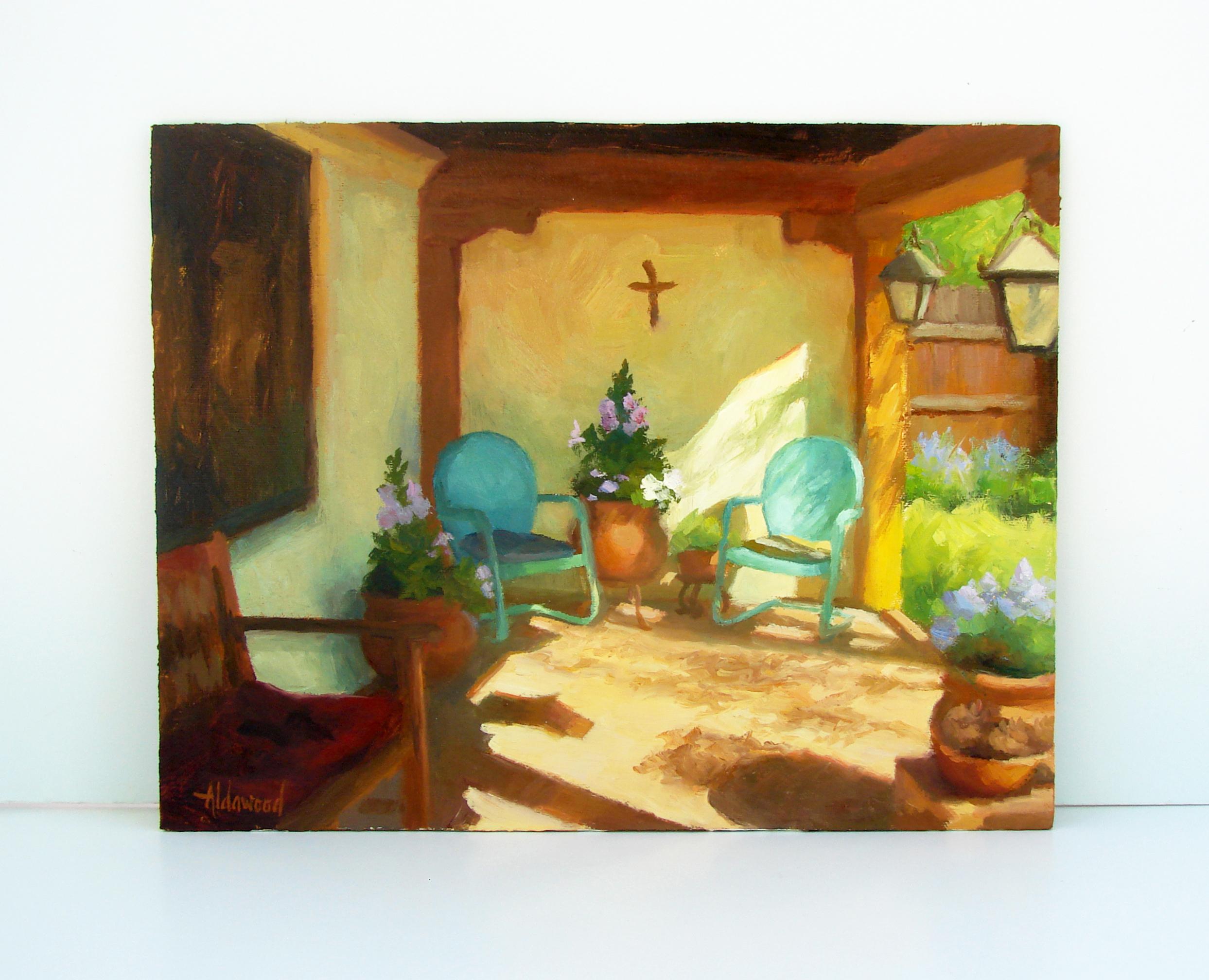 <p>Artist Comments<br>The bright morning sunshine floods a front porch where an inviting scene unfolds. Artist Sherri Aldawood was drawn to the light and cast shadows on this historic adobe home in Taos, New Mexico. The two turquoise chairs add to