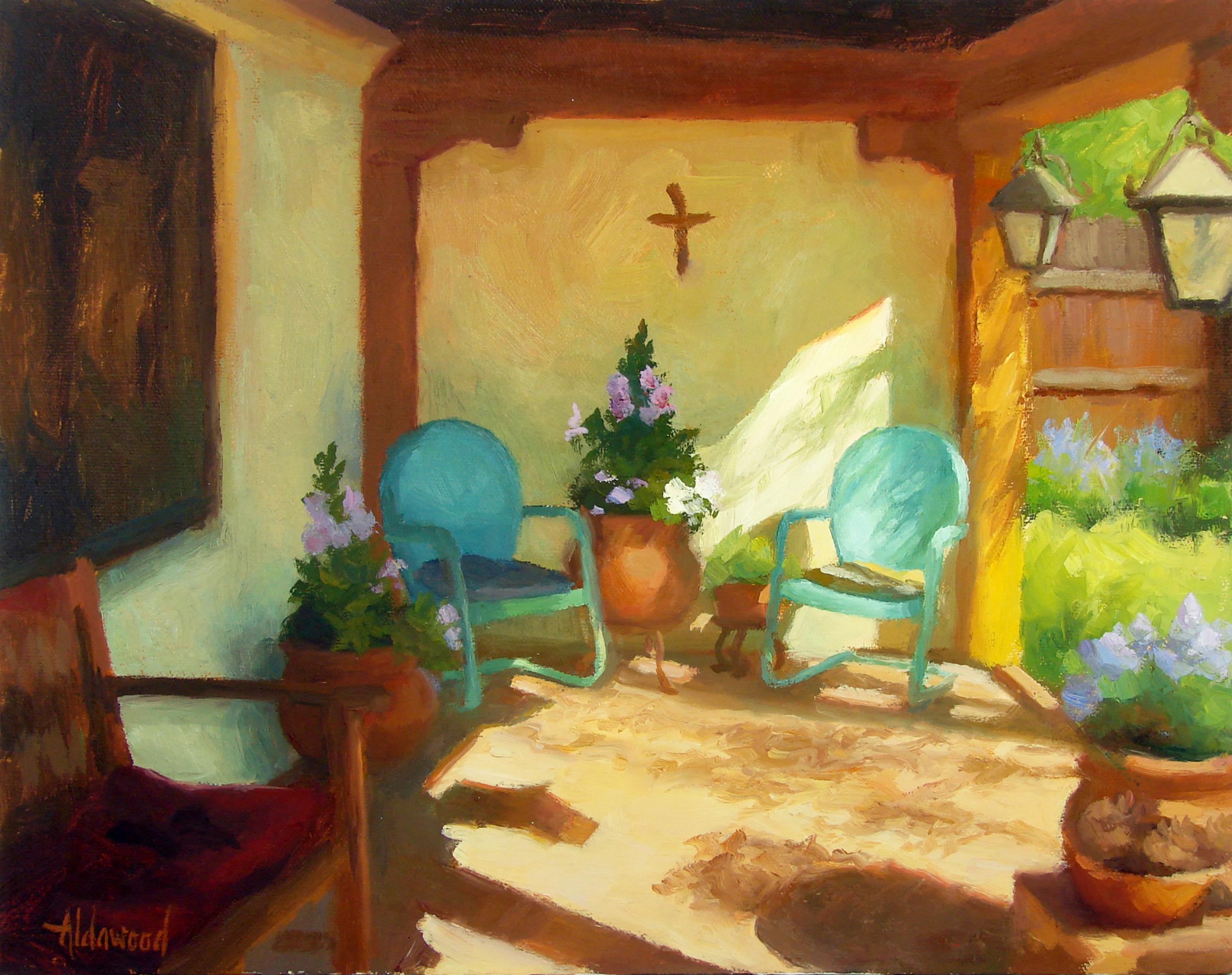 Il portico di Clive, pittura a olio - Art di Sherri Aldawood