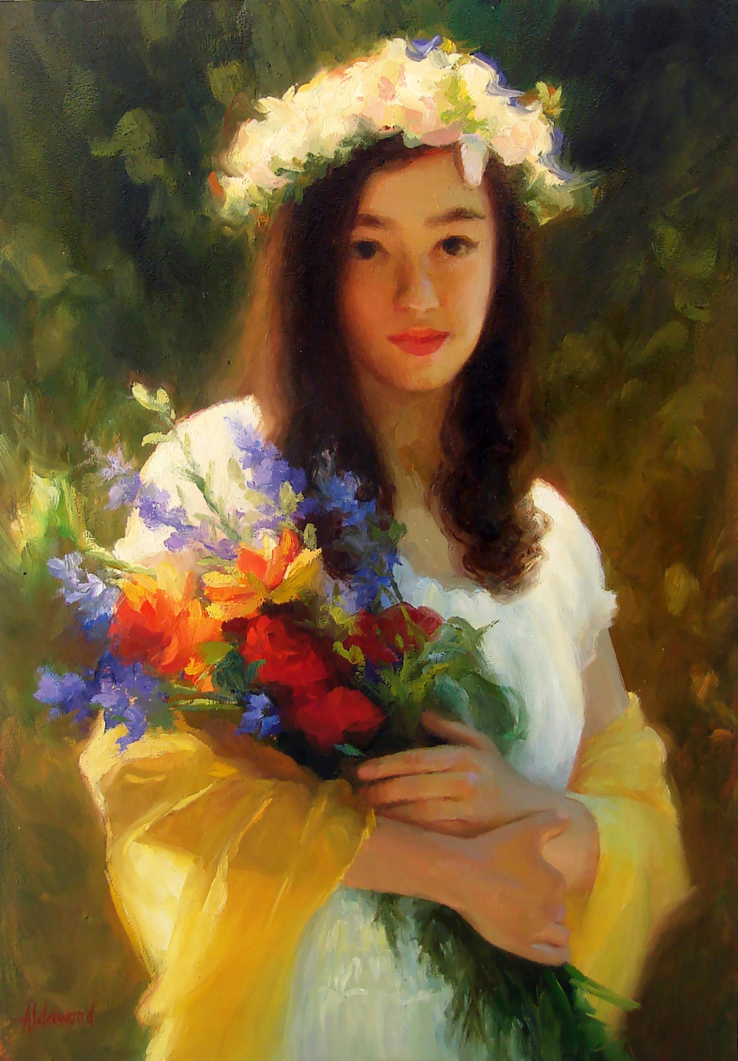 Sherri Aldawood Figurative Painting - Flower Girl, Oil Painting