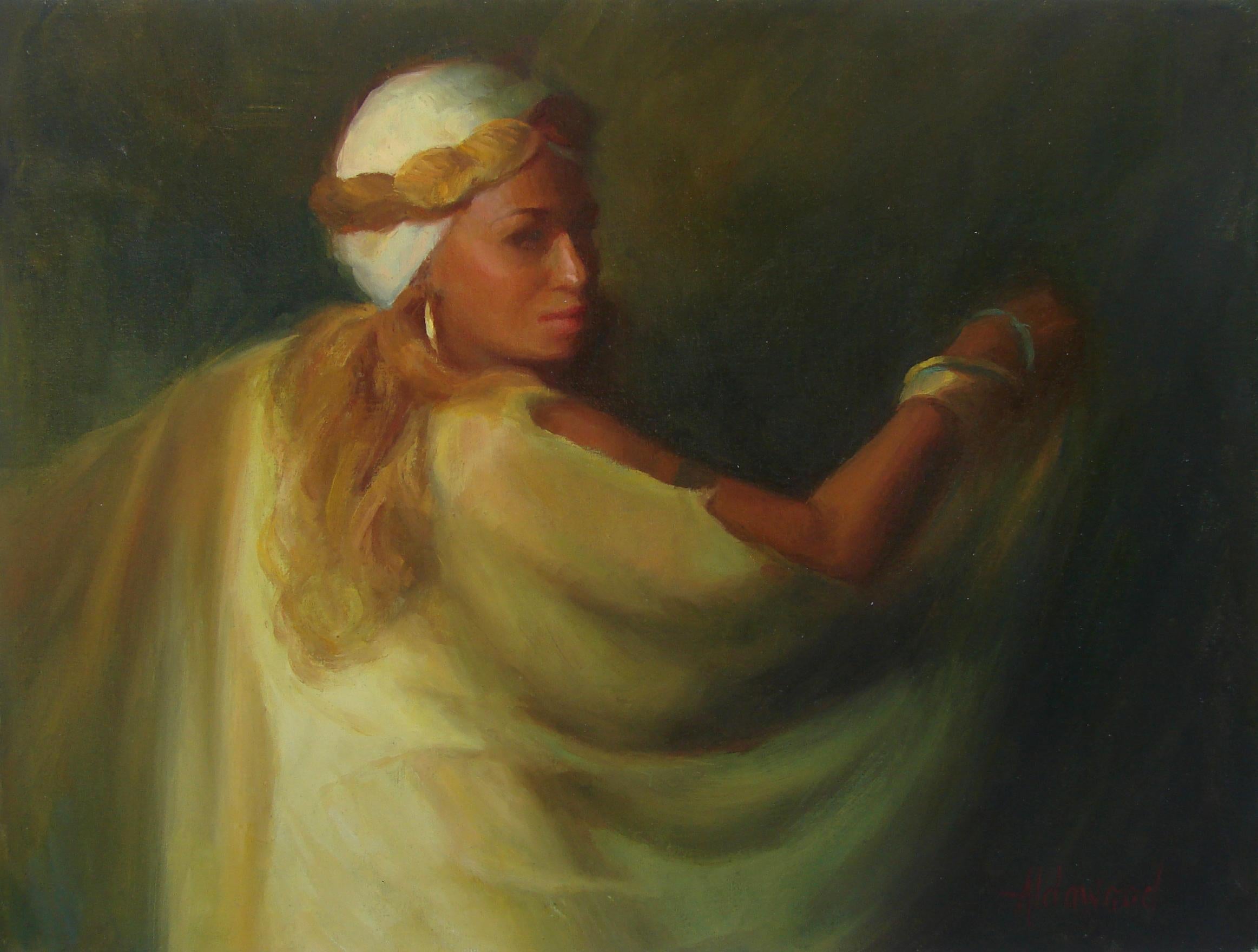 Sherri Aldawood Figurative Painting - Lady in Gold, Oil Painting