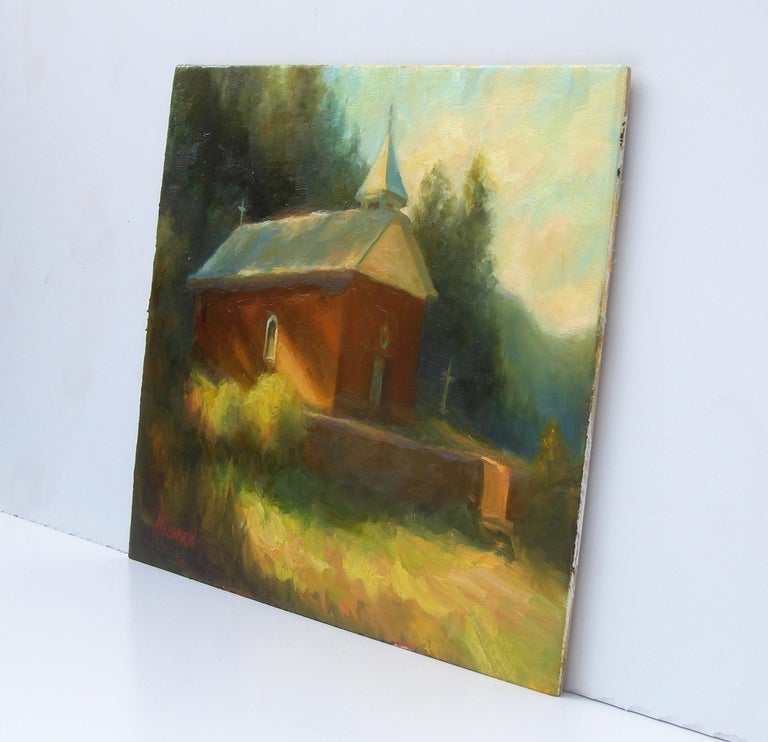 Old New Mexico Church, Oil Painting - Brown Interior Painting by Sherri Aldawood