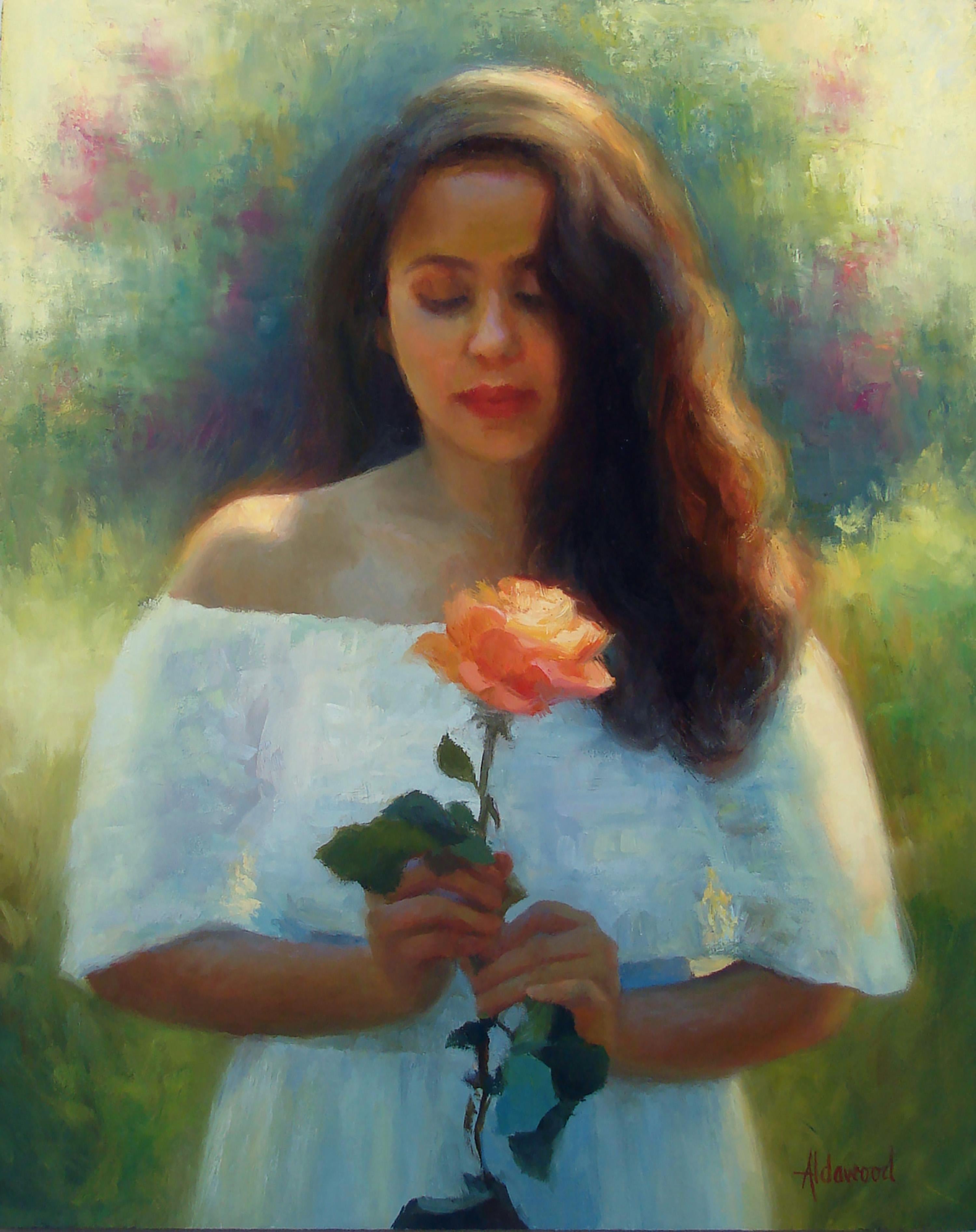 Sherri Aldawood Figurative Painting - One Perfect Rose, Oil Painting