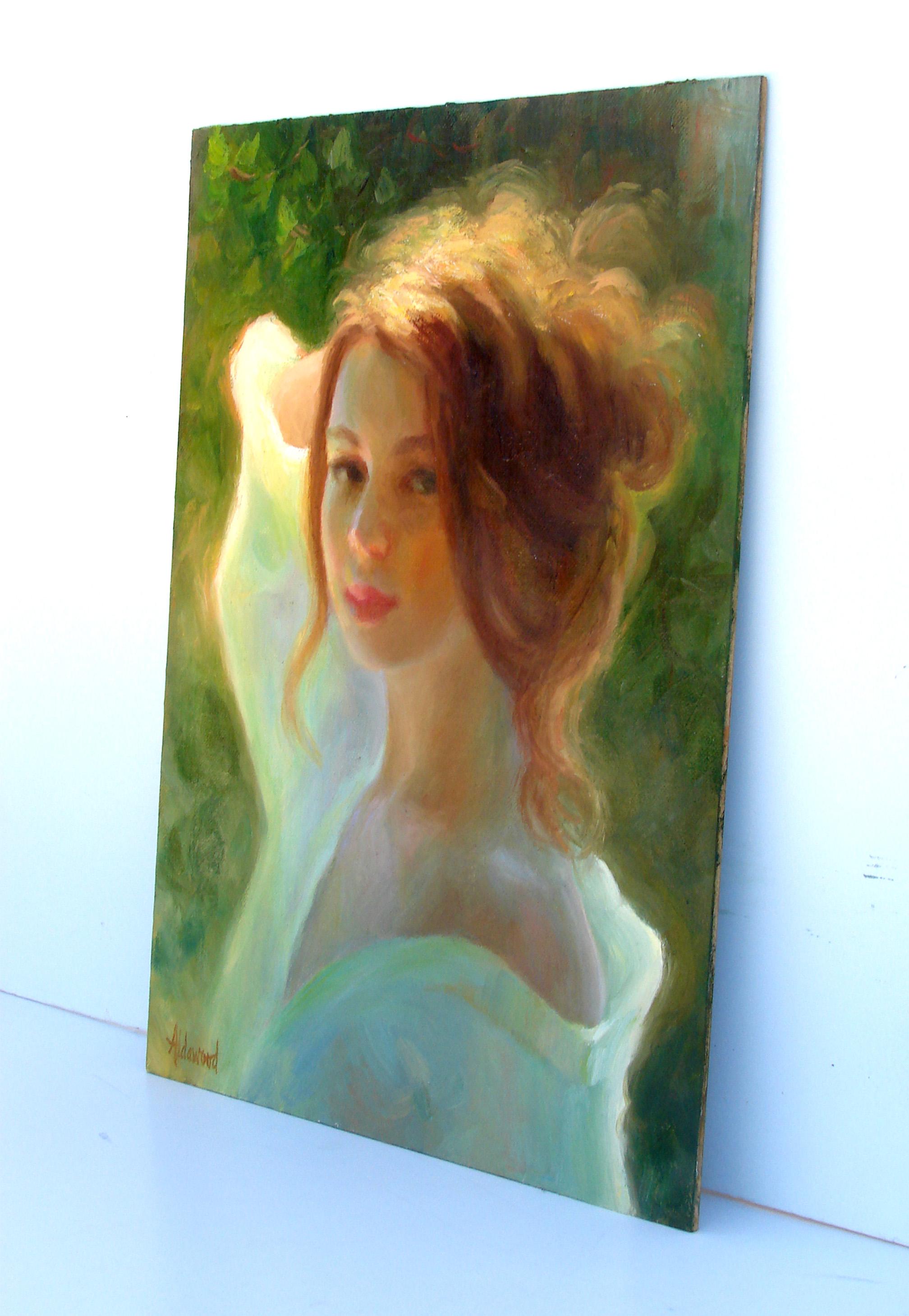 <p>Artist Comments<br>Marion exudes grace and charm with her serene gaze and calm stance. The afternoon sunlight bathes her lush red hair in a soft glow. Soft colors and brushwork impart a classical quality to the composition, capturing harmony