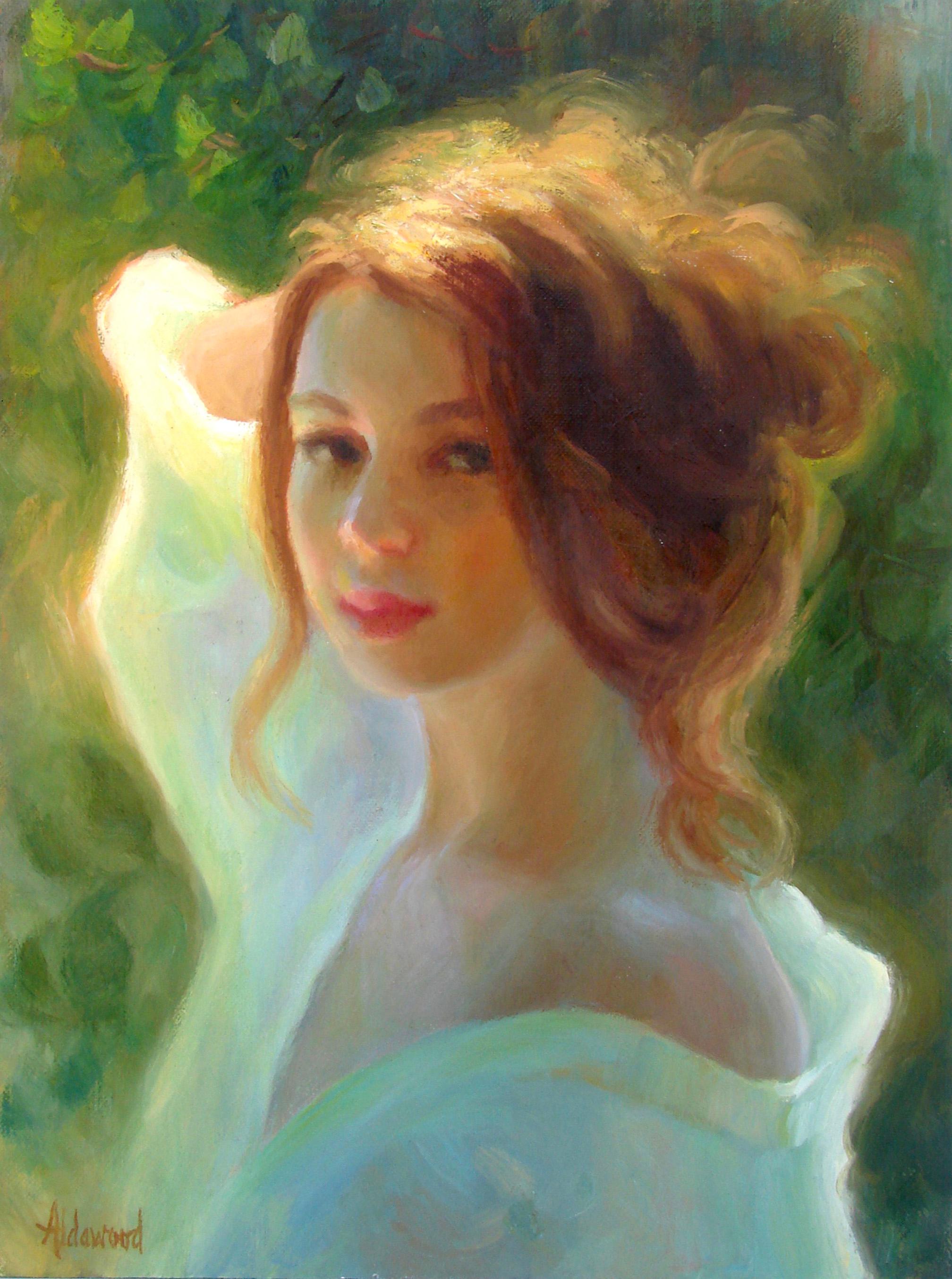 Sherri Aldawood Figurative Painting - Redhead in Sunlight, Oil Painting