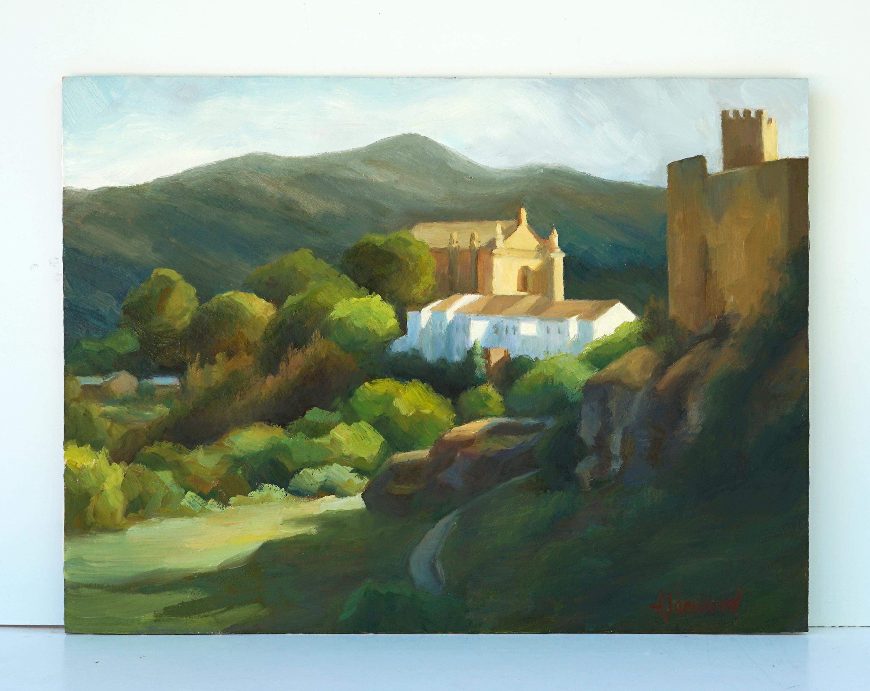 <p>Artist Comments<br>This painting captures a hillside view of a castle and church in Ronda, Spain. The soft brushwork gives the scene a luminous glow, with shadows falling across the foreground and the structures bright in the afternoon sun.