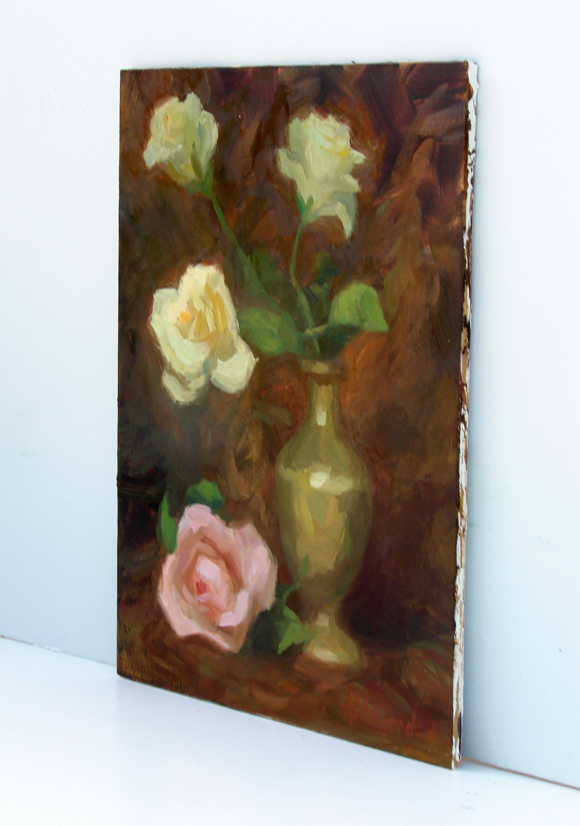Roses in Brass Vase, Oil Painting - Contemporary Art by Sherri Aldawood