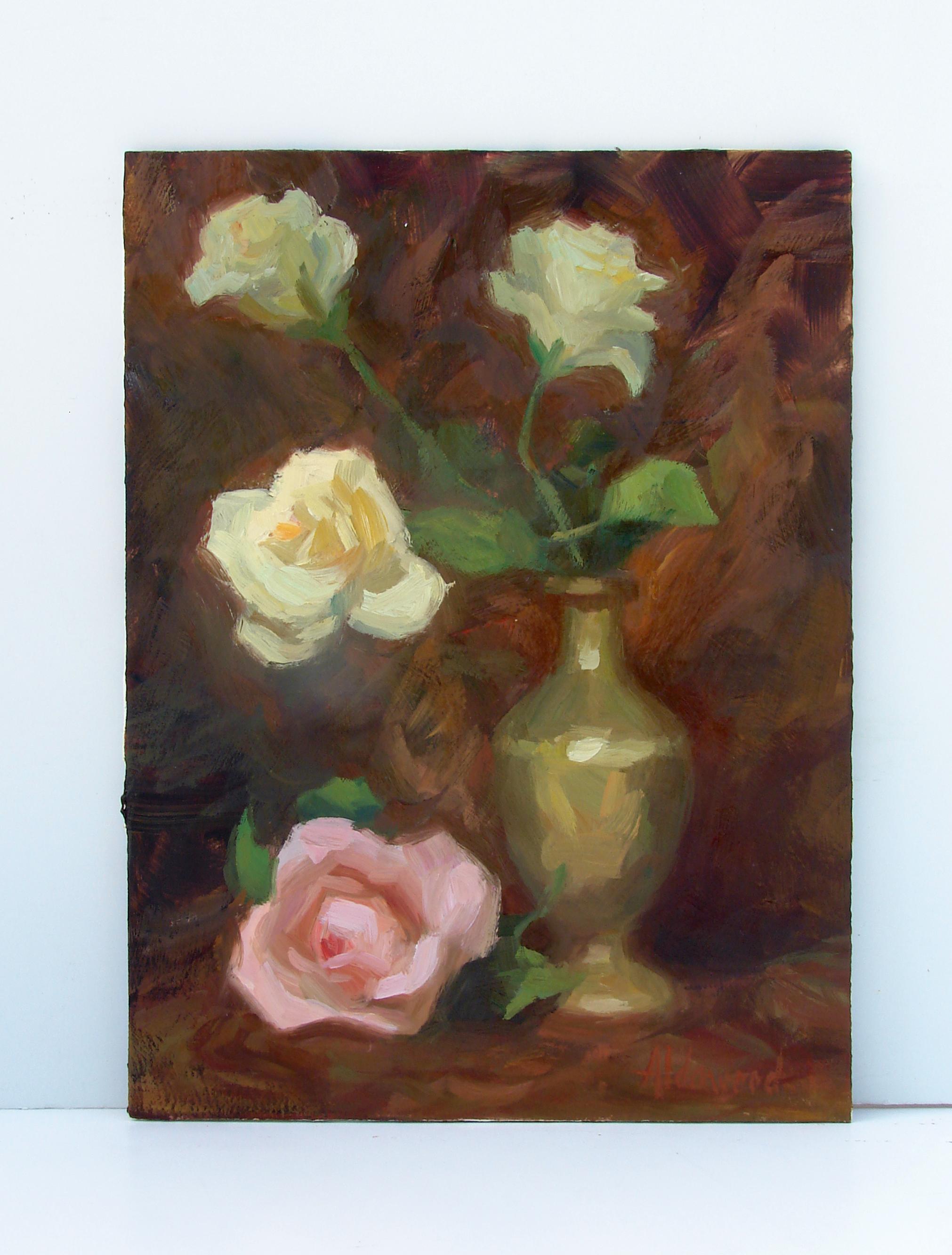 <p>Artist Comments<br>This still-life painting depicts white roses arranged in a brass vase, with a pink one at the bottom. The earth-toned palette and thick bravura brushstrokes impart a timeless aura to the piece. Against the brown background, the