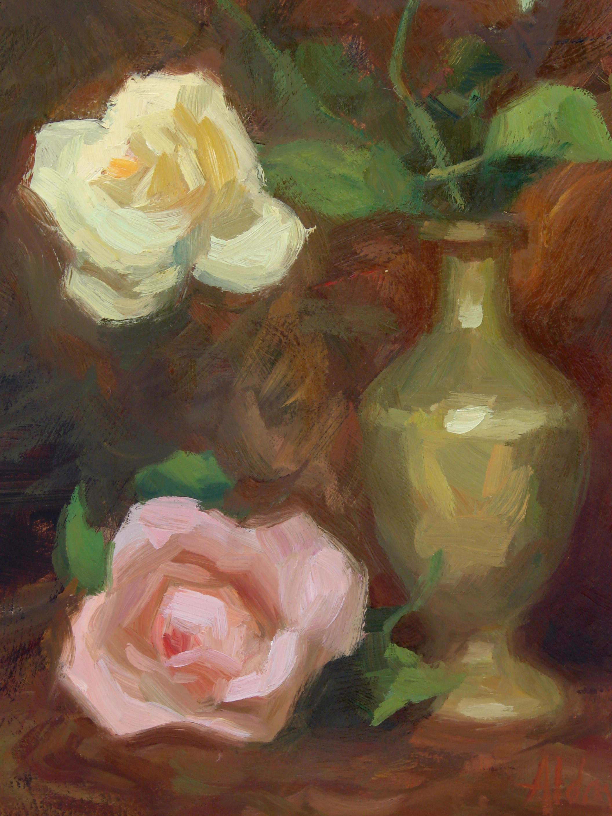 Roses in Brass Vase, Oil Painting For Sale 1