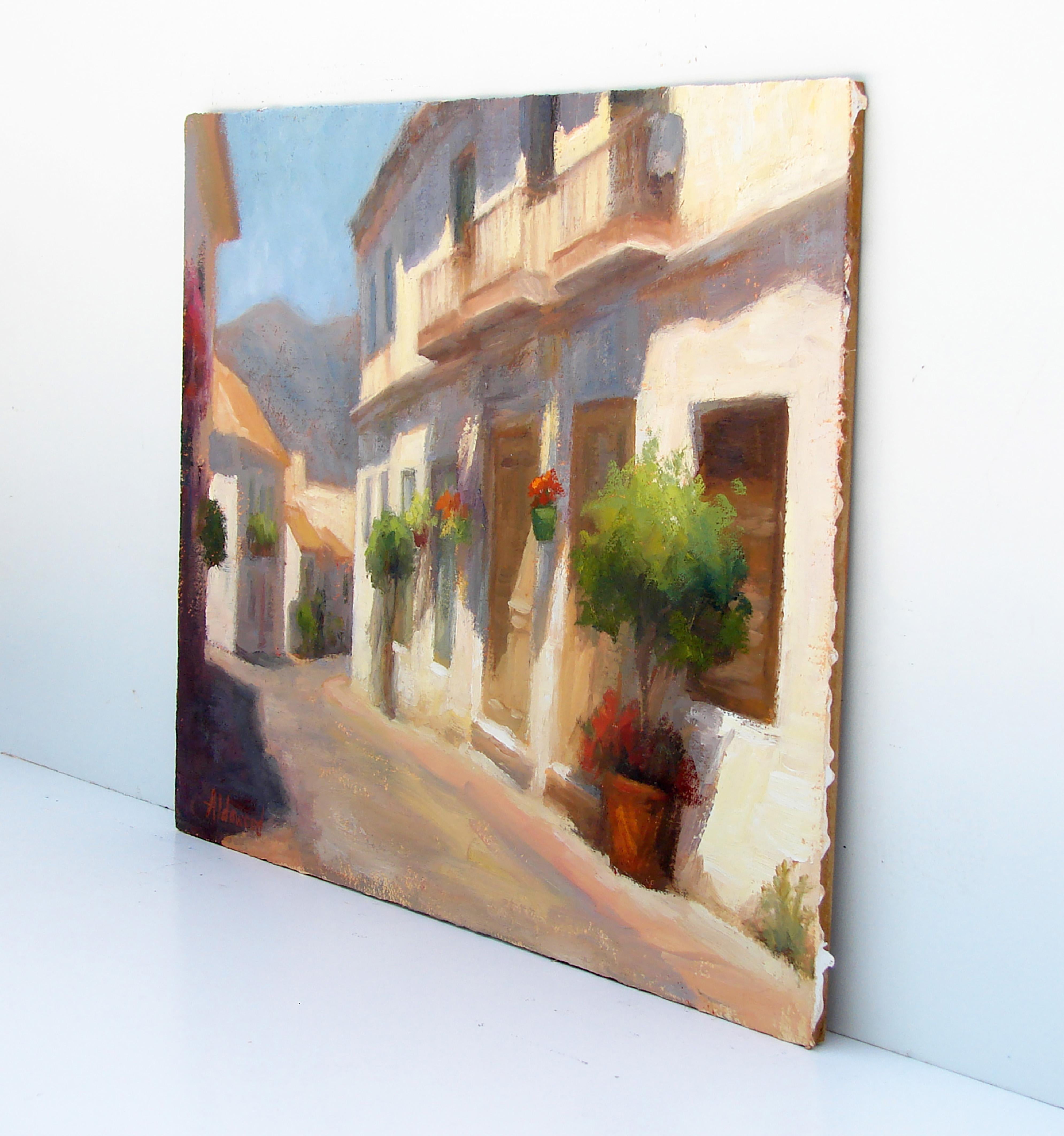 Rustikales Gebäude in Estepona, Ölgemälde – Painting von Sherri Aldawood