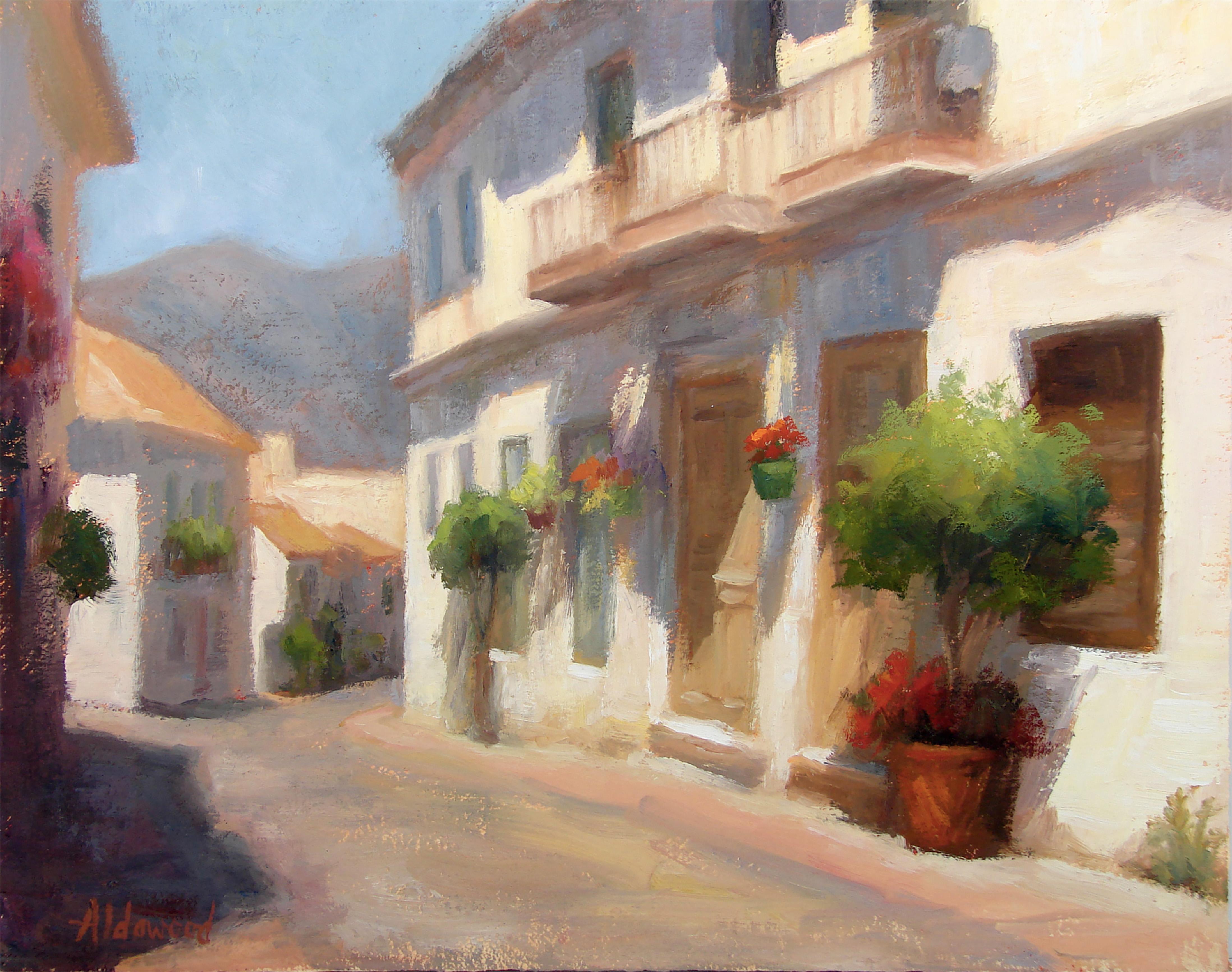 Sherri Aldawood Landscape Painting - Rustic Building in Estepona, Oil Painting