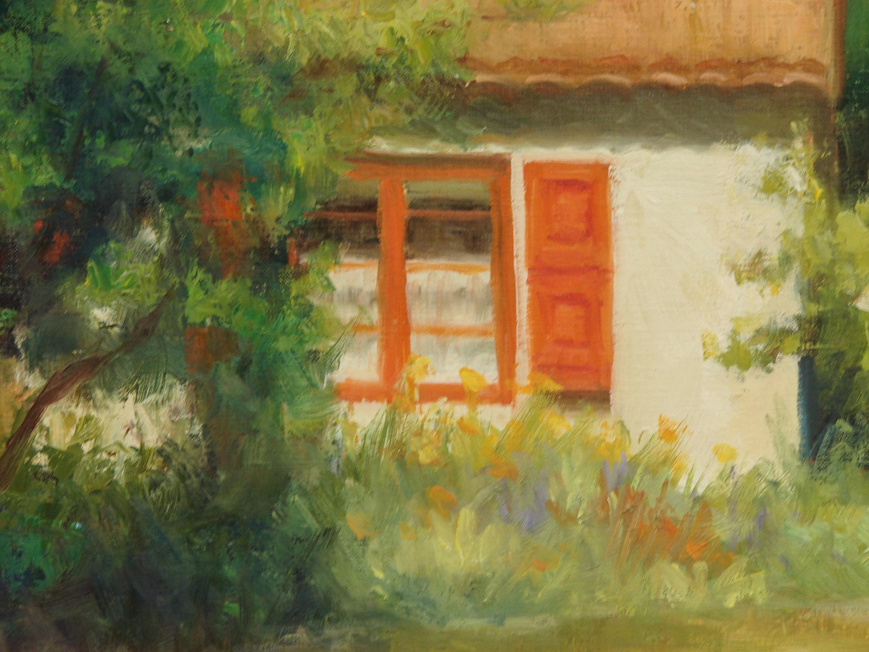 San Diego Cottage, Oil Painting - Brown Landscape Painting by Sherri Aldawood