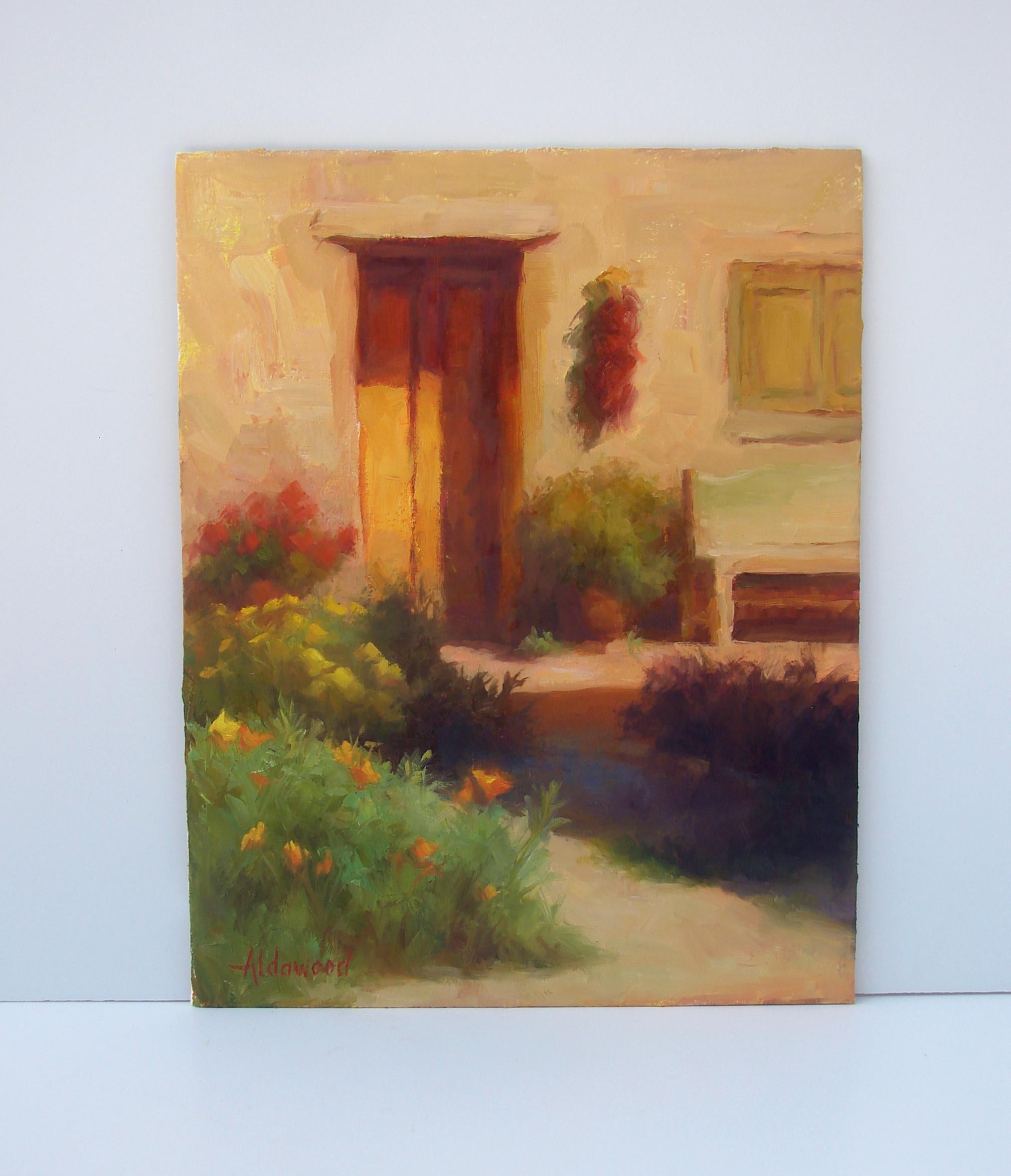 <p>Artist Comments<br />Lush beds of flowers glow under the last rays of the day. Artist Sherri Aldawood captured the golden afternoon sunlight on a historic building in Taos, New Mexico. Vibrant warm colors are accented with equally striking