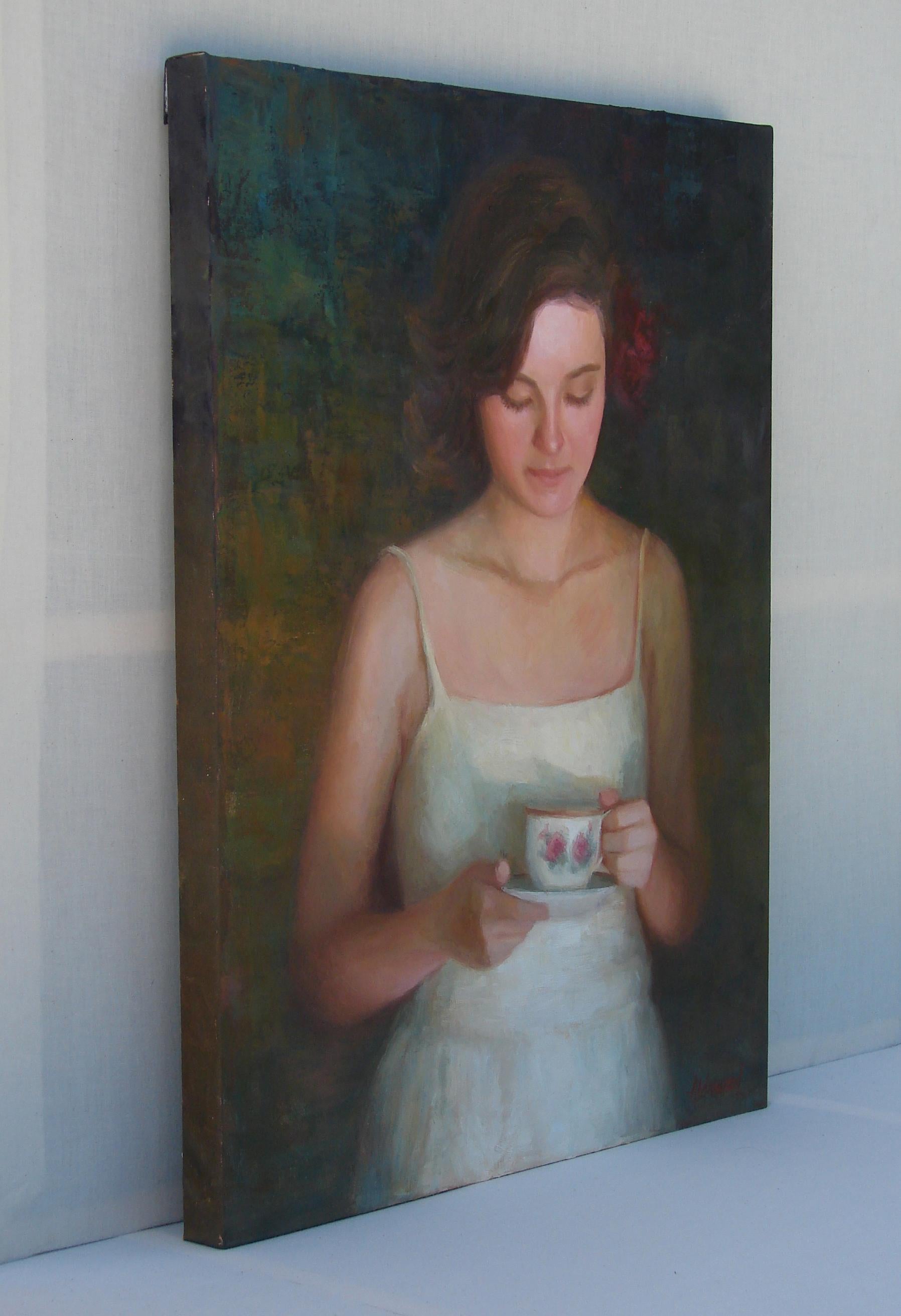 Tea and Roses, Oil Painting - Black Figurative Painting by Sherri Aldawood