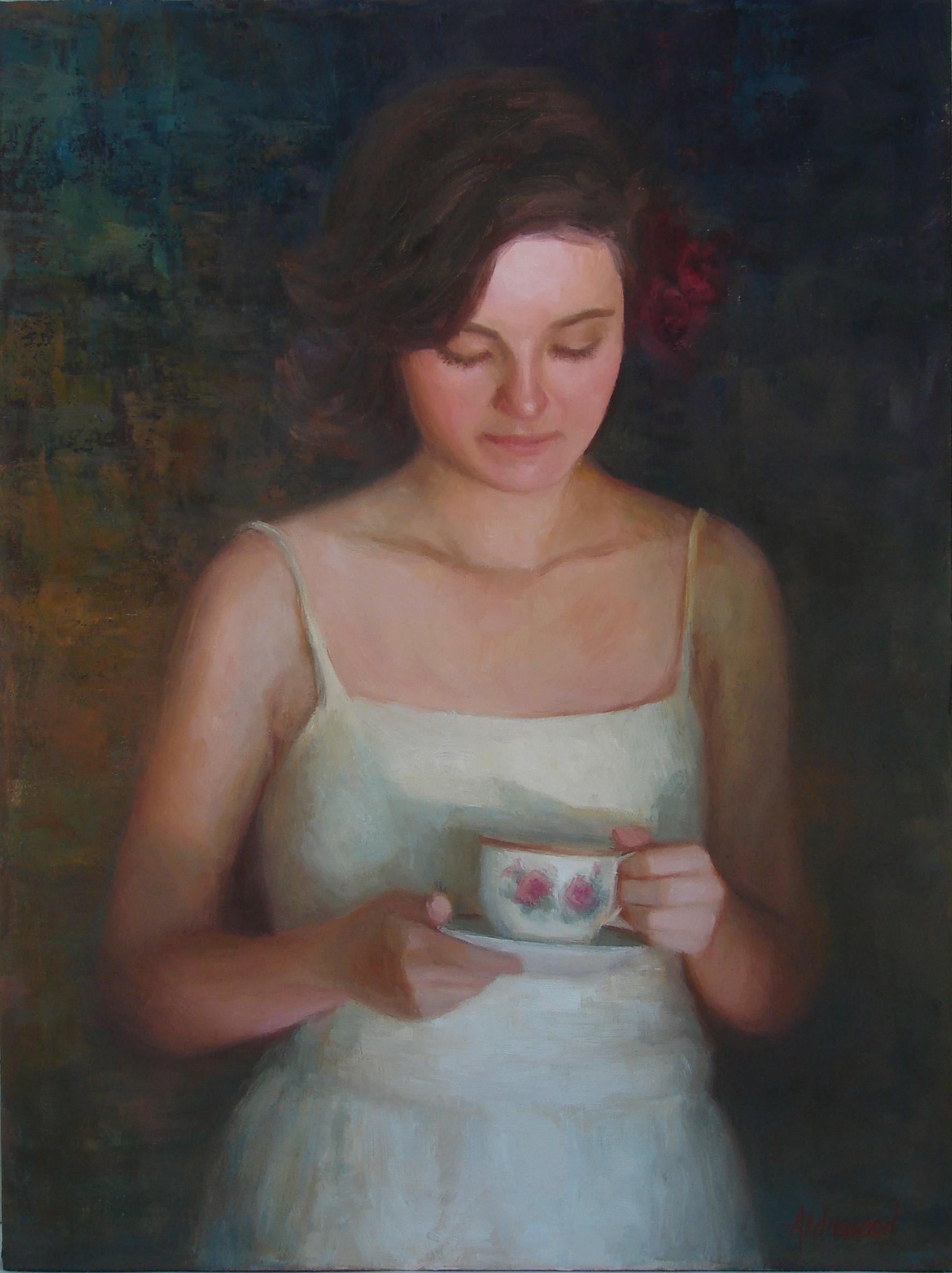 Sherri Aldawood Figurative Painting - Tea and Roses, Oil Painting