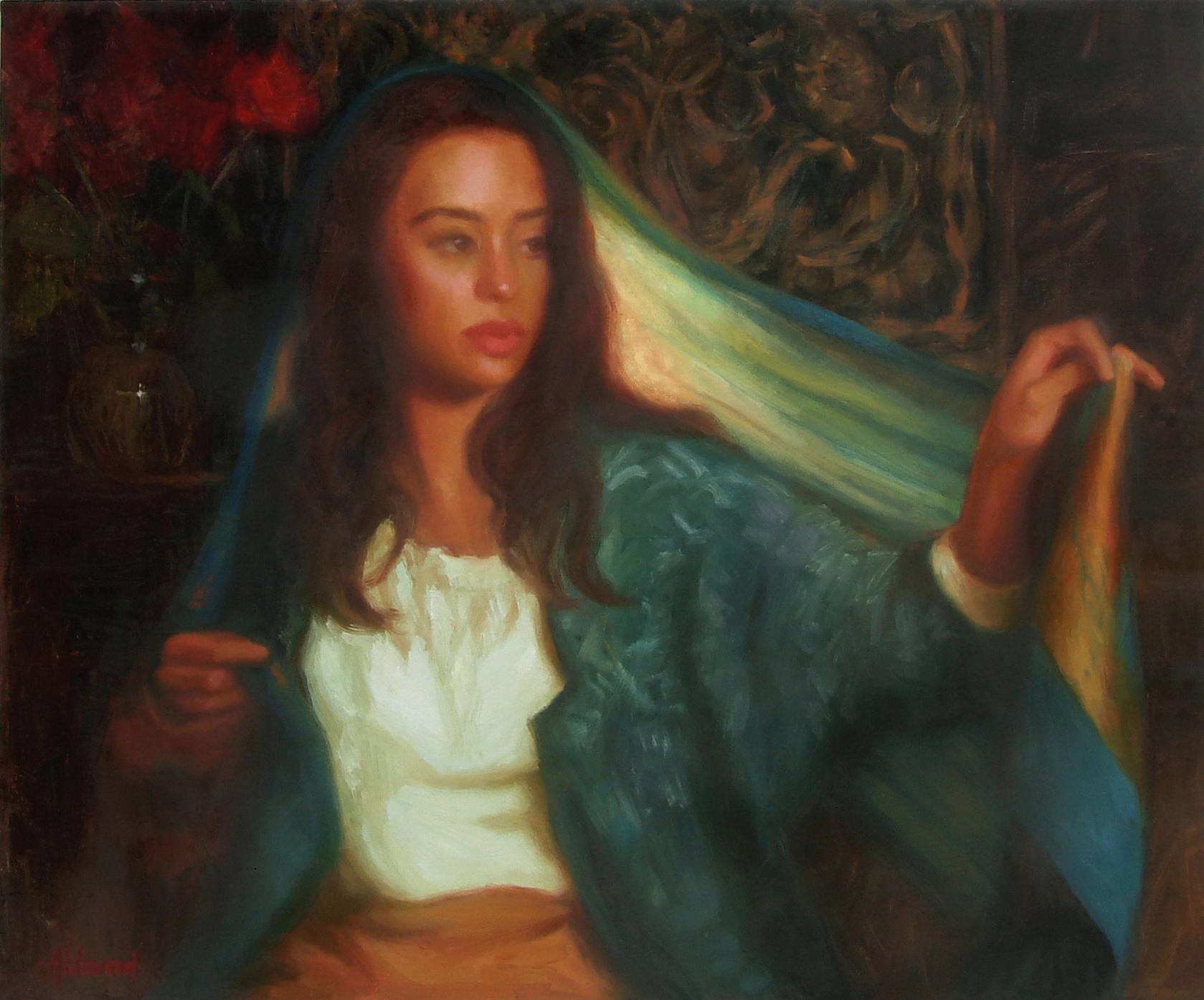 Sherri Aldawood Figurative Painting - Vietnamese Scarf, Oil Painting