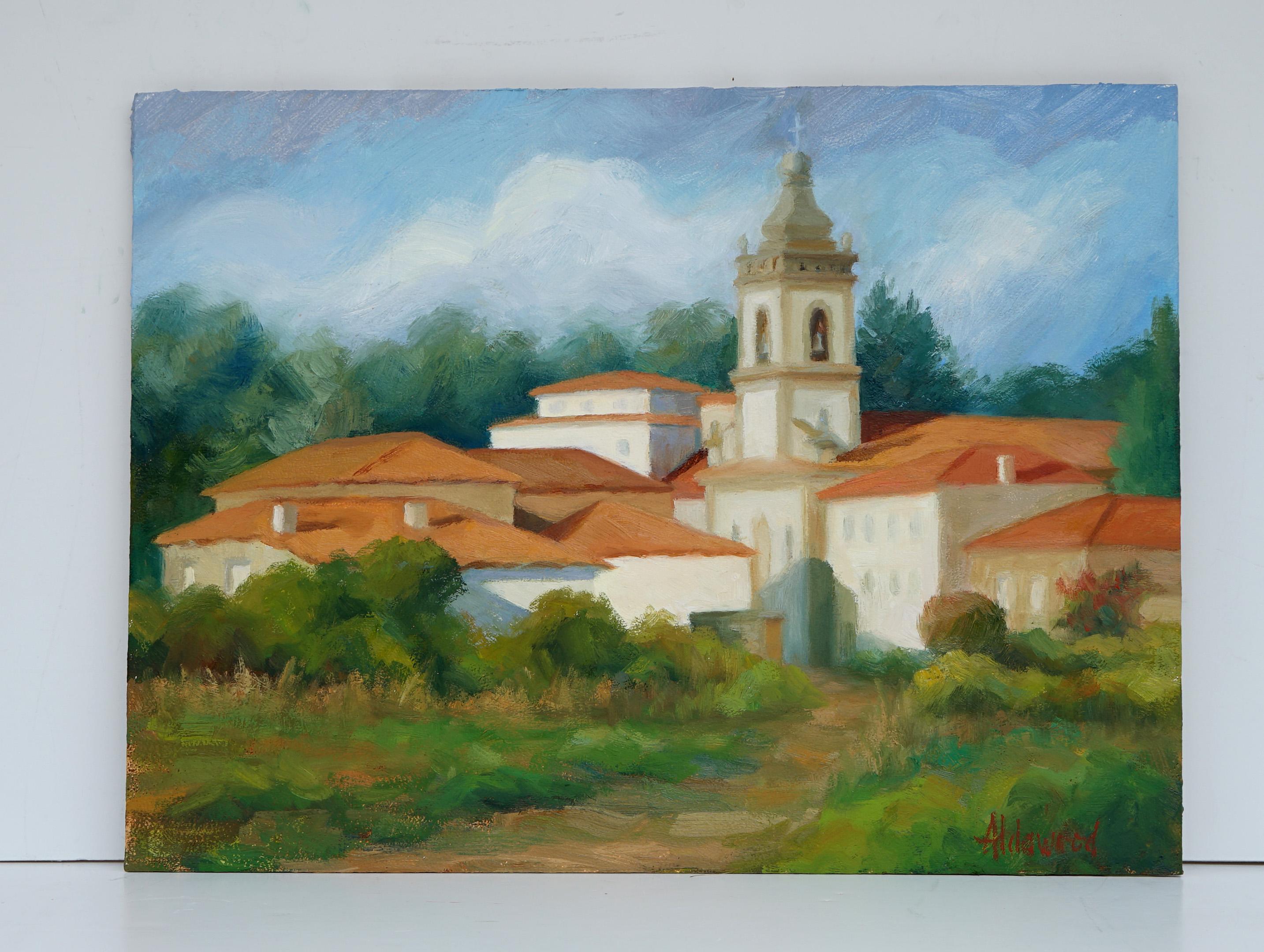 <p>Kommentare des Künstlers<br>Dieses Ölgemälde zeigt das kleine Dorf Sabrosa in Portugal von einem nahe gelegenen Weinberg aus gesehen. Der Kirchturm ragt zwischen den historischen weißen Gebäuden und roten Dächern hervor. Die warme Farbpalette und