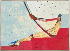 "Push Play" Figure contemporaine sur une balançoire Peinture à l'huile sur toile encadrée