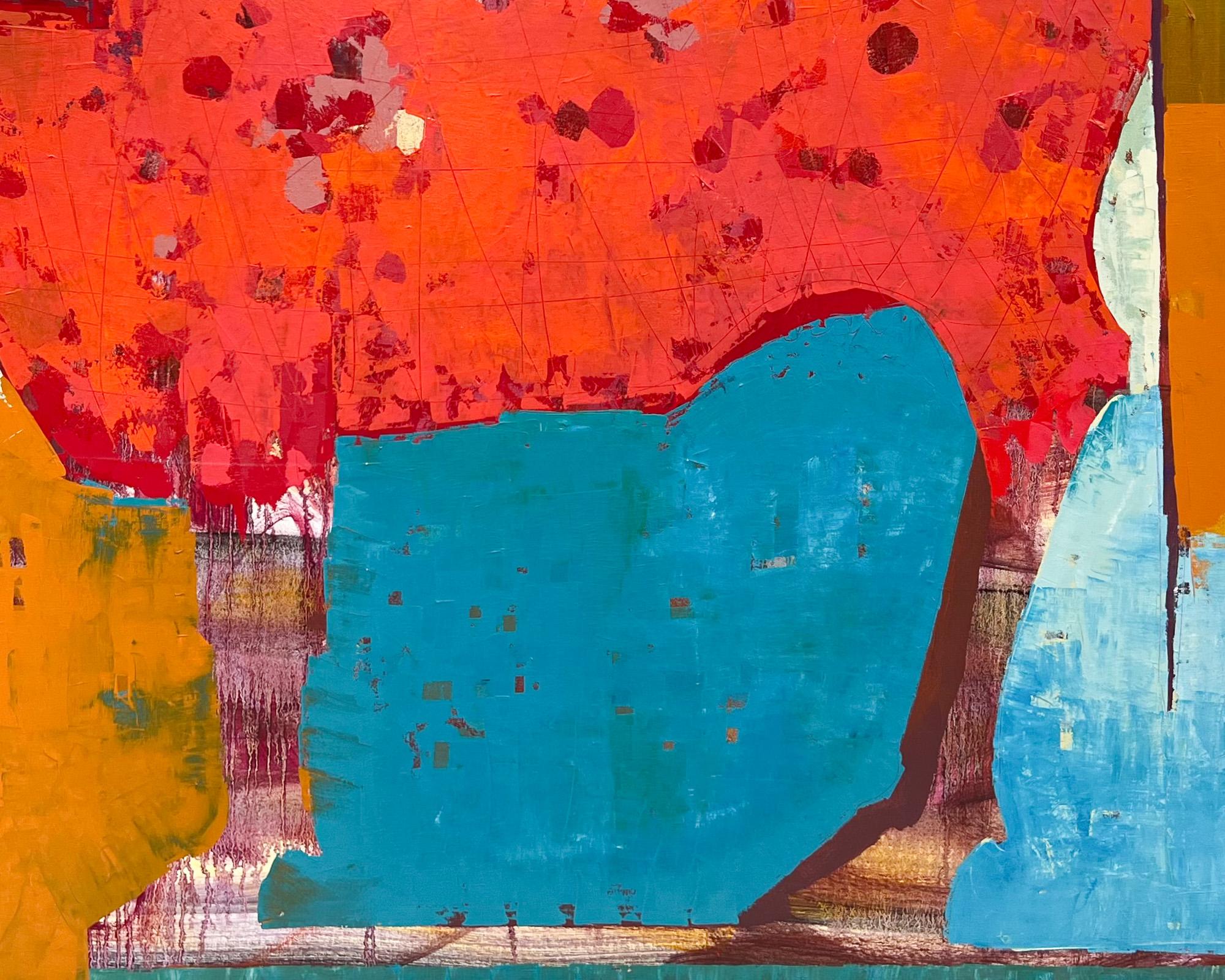 “Tangier Basin” is a framed oil on canvas painting by Sherri Belassen, depicting an abstracted longhorn in a vibrant crimson. The artist’s technique of applying layers upon layers of paint over expressive mark-making creates a truly unique texture,