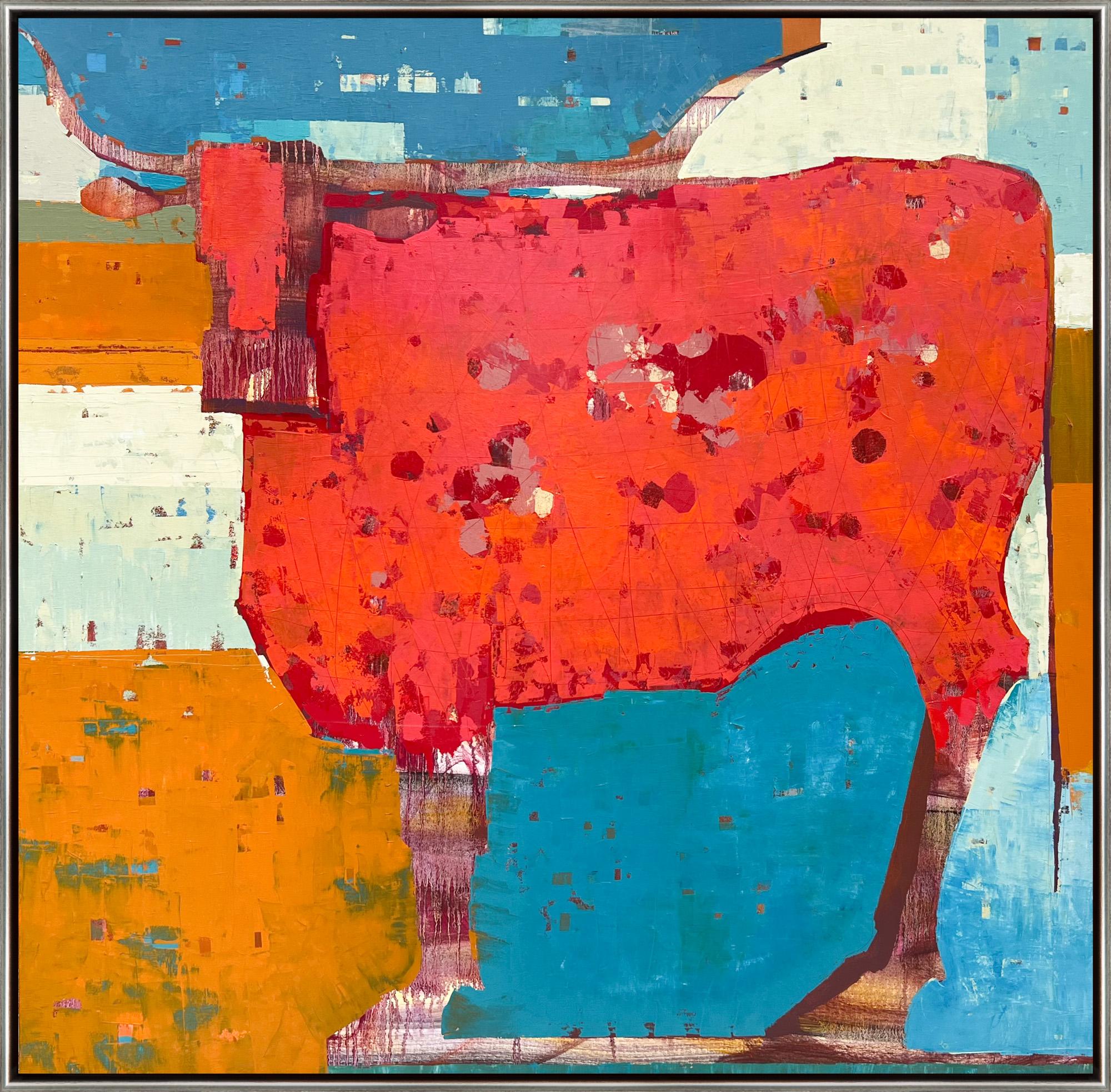 Sherri Belassen Abstract Painting - "Tangier Basin" Contemporary Abstract Longhorn Cow Framed Oil on Canvas Painting