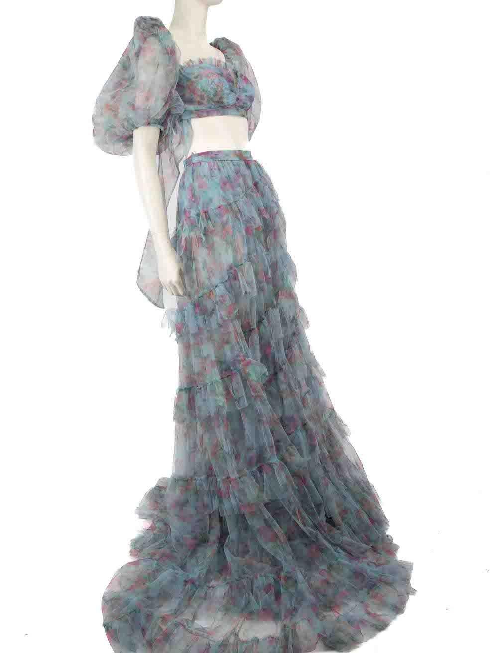 CONDITION is Never worn, with tags. No visible wear to set is evident on this new Sherri Hill designer resale item.
 
 Details
 Multicolour- blue tone
 Synthetic
 Top and skirt set
 Floral print
 See through mesh fabric
 Cropped top
 Mid puff