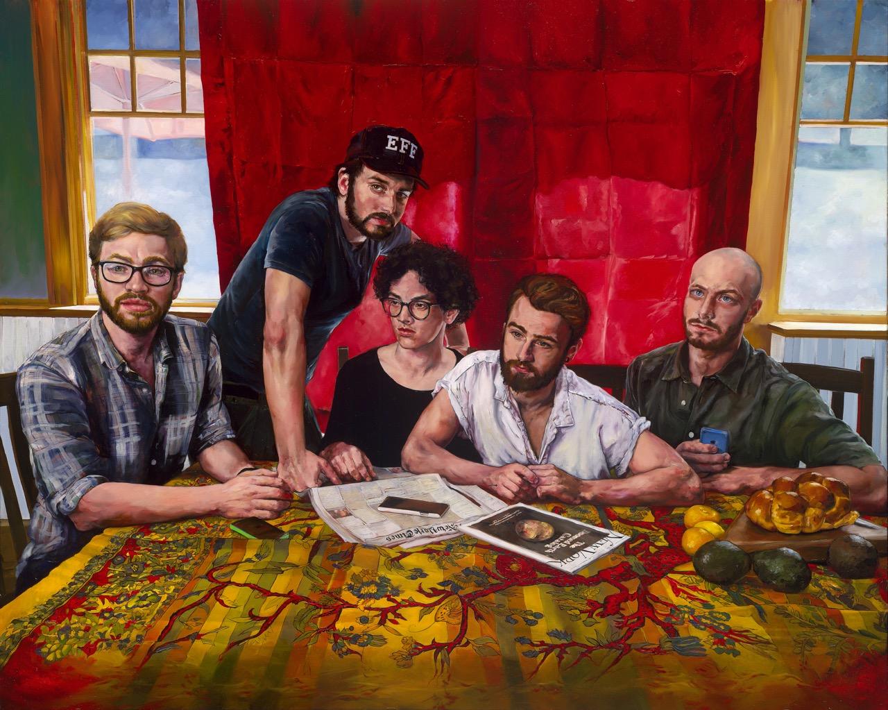 Sherri Wolfgang Figurative Painting - All The Young Dudes Carry The News