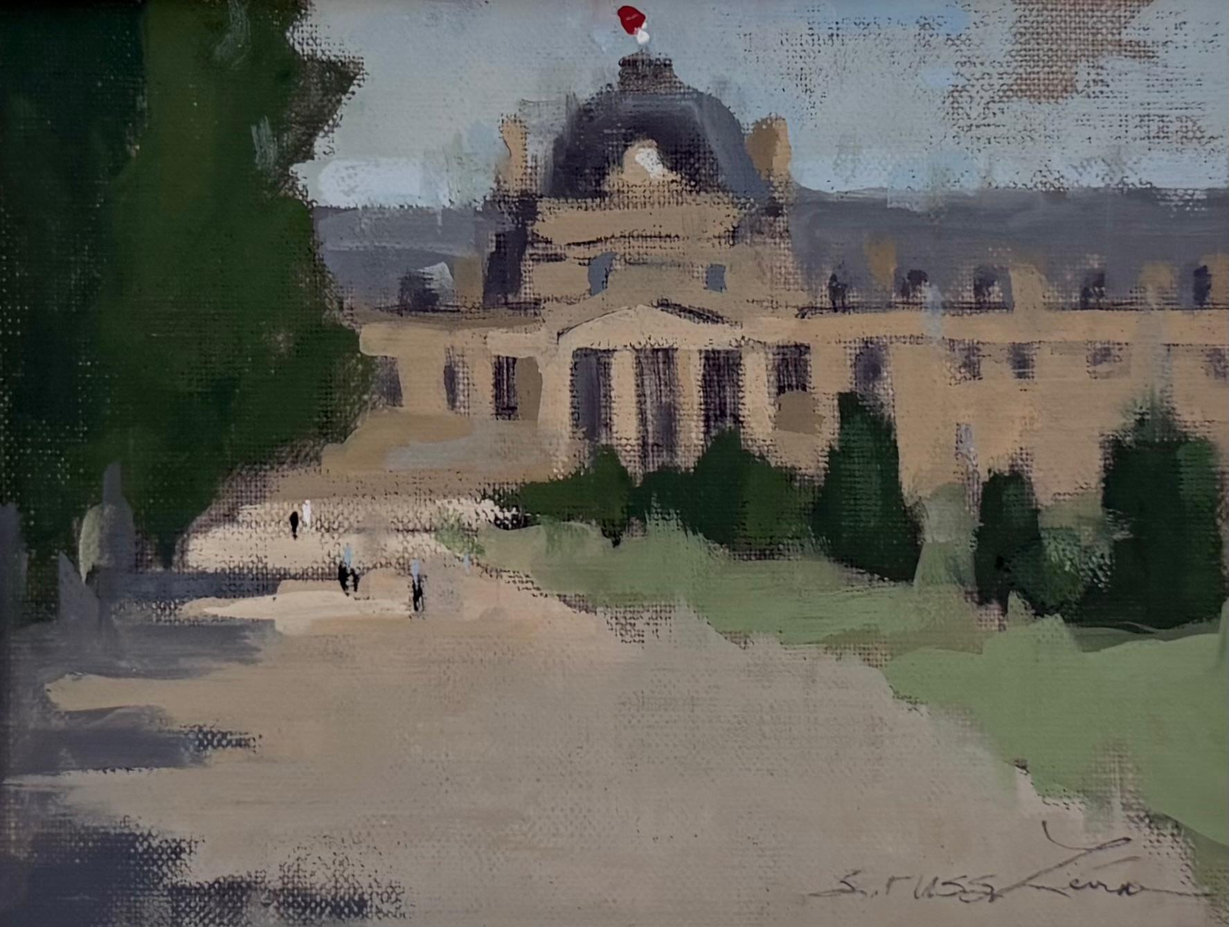 Ohne Rahmen misst dieses Werk 6 x 8.

Eine bezaubernde Pariser Landschaft der amerikanischen Künstlerin Sherrie Russ Levine, die den berühmten Champ de Mars in sanften, stimmungsvollen Gouache-Farben darstellt. Dieses auf Leinen gemalte, intime Werk